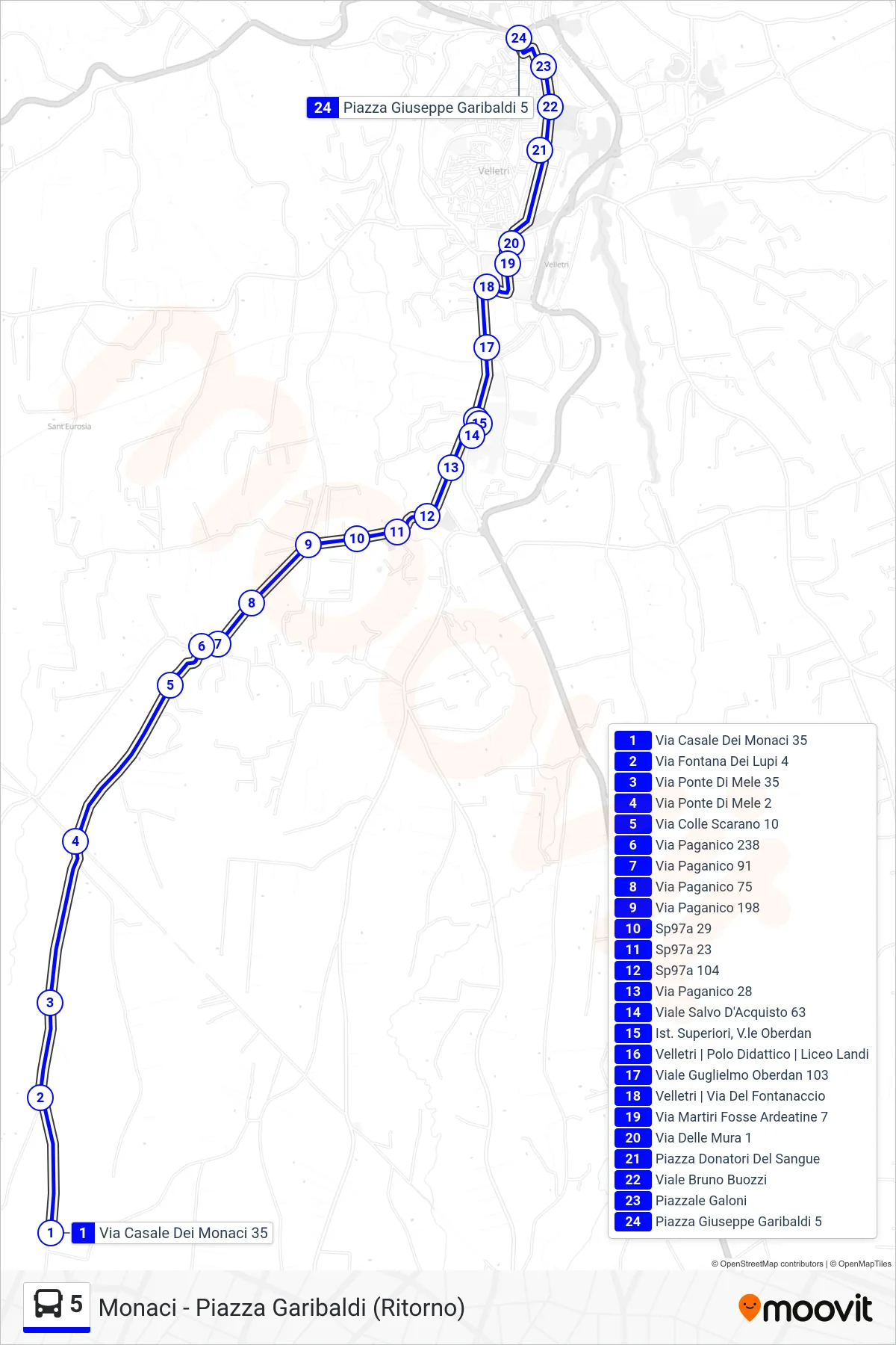 Linea 5 tram (Monaci - Piazza Garibaldi (Ritorno)) - Percorsi e fermate sulla mappa