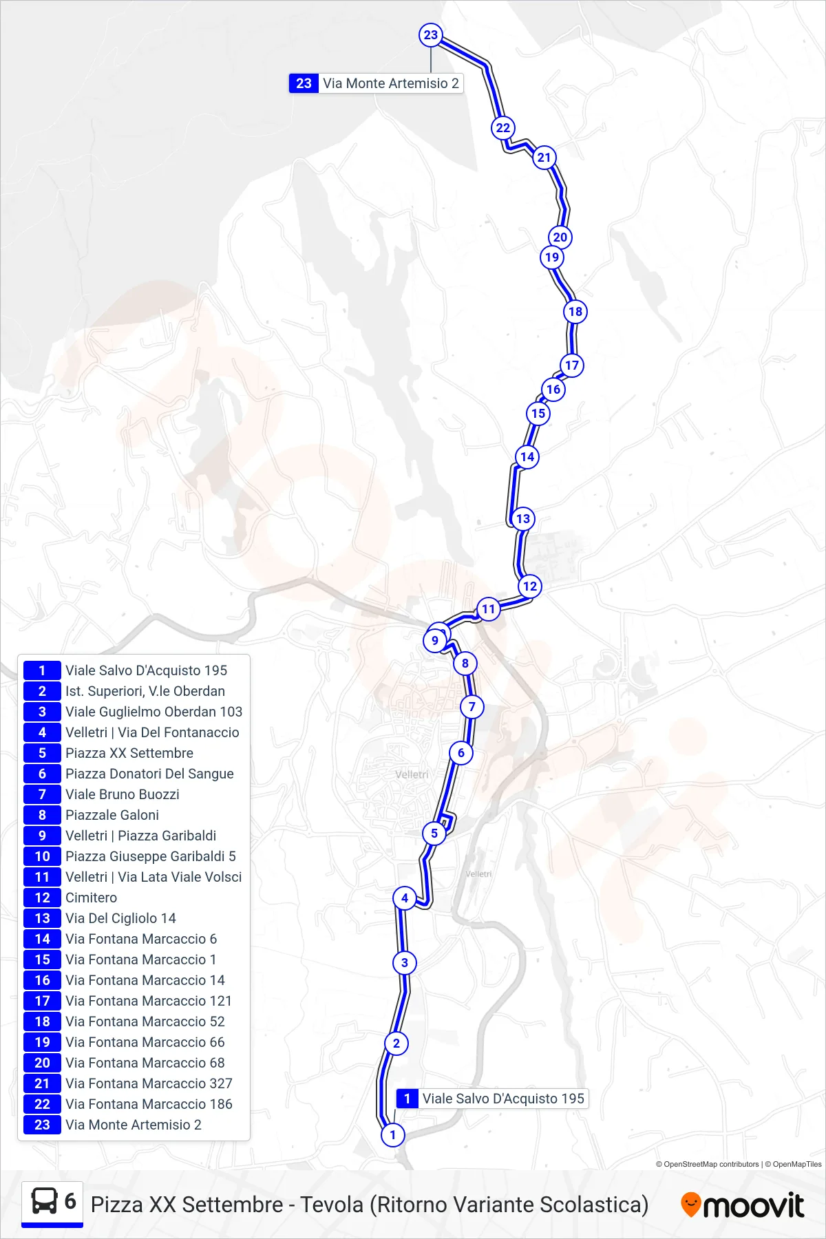 Linea 6 tram (Pizza XX Settembre - Tevola (Ritorno Variante Scolastica)) - Percorsi e fermate sulla mappa