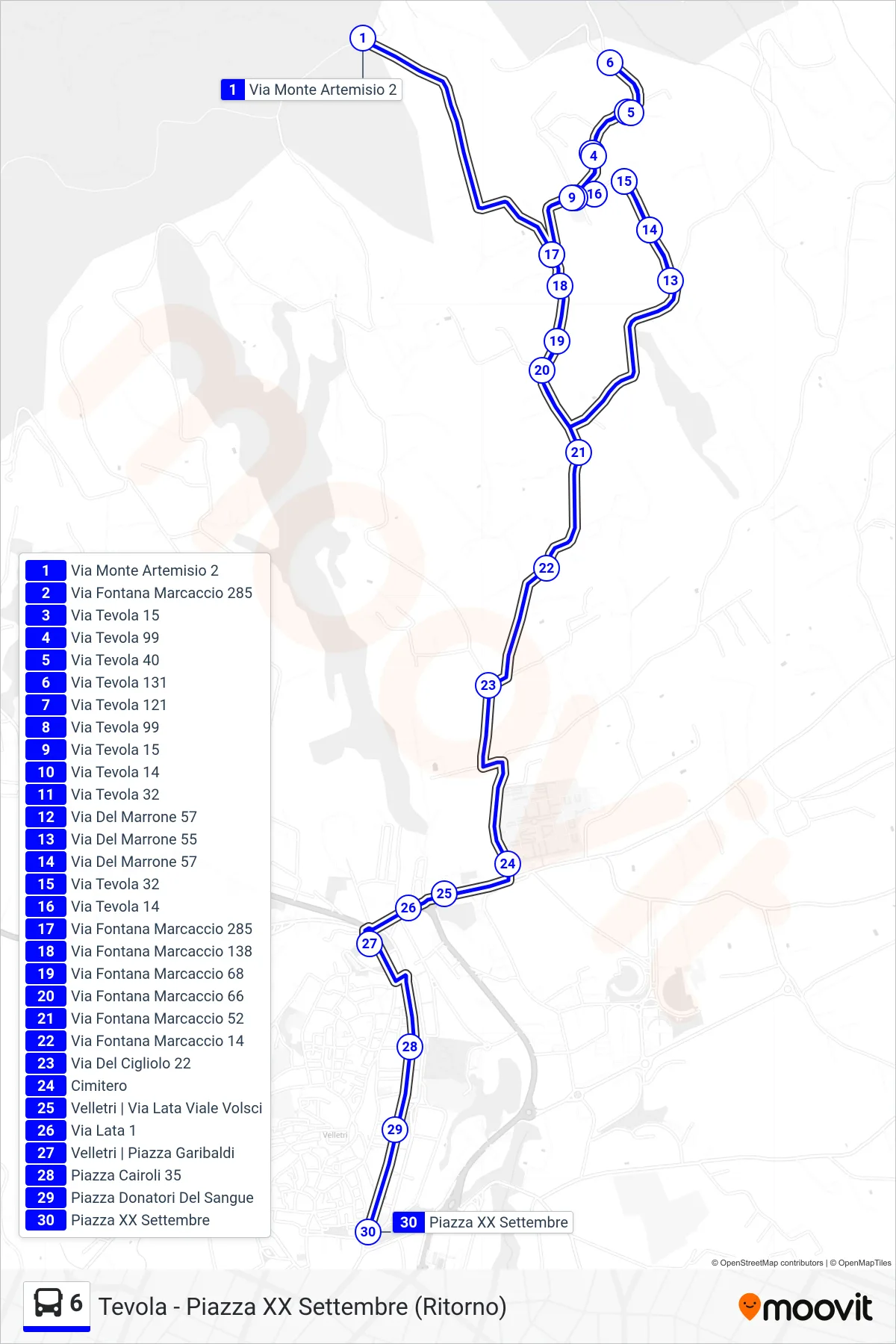 Linea 6 tram (Tevola - Piazza XX Settembre (Ritorno)) - Percorsi e fermate sulla mappa