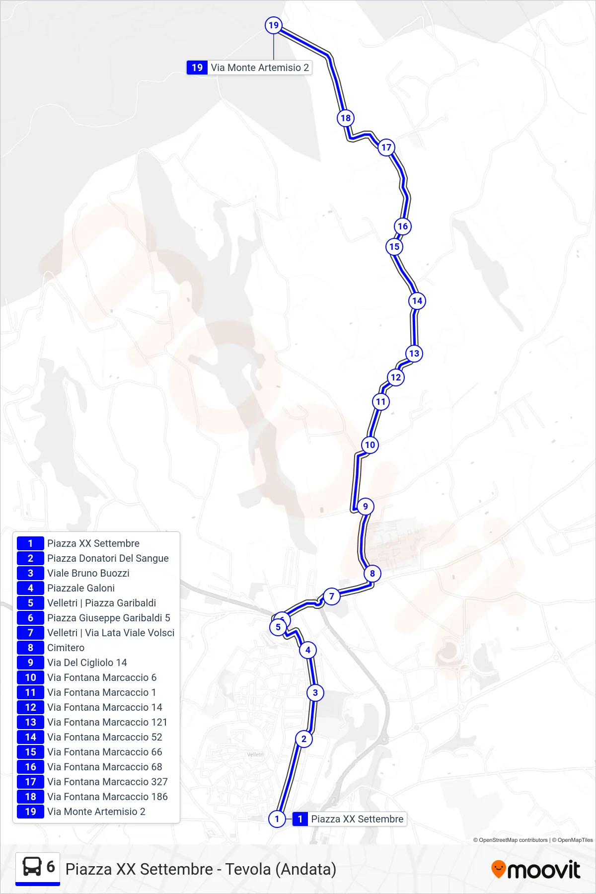 Linea 6 tram (Piazza XX Settembre - Tevola (Andata)) - Percorsi e fermate sulla mappa