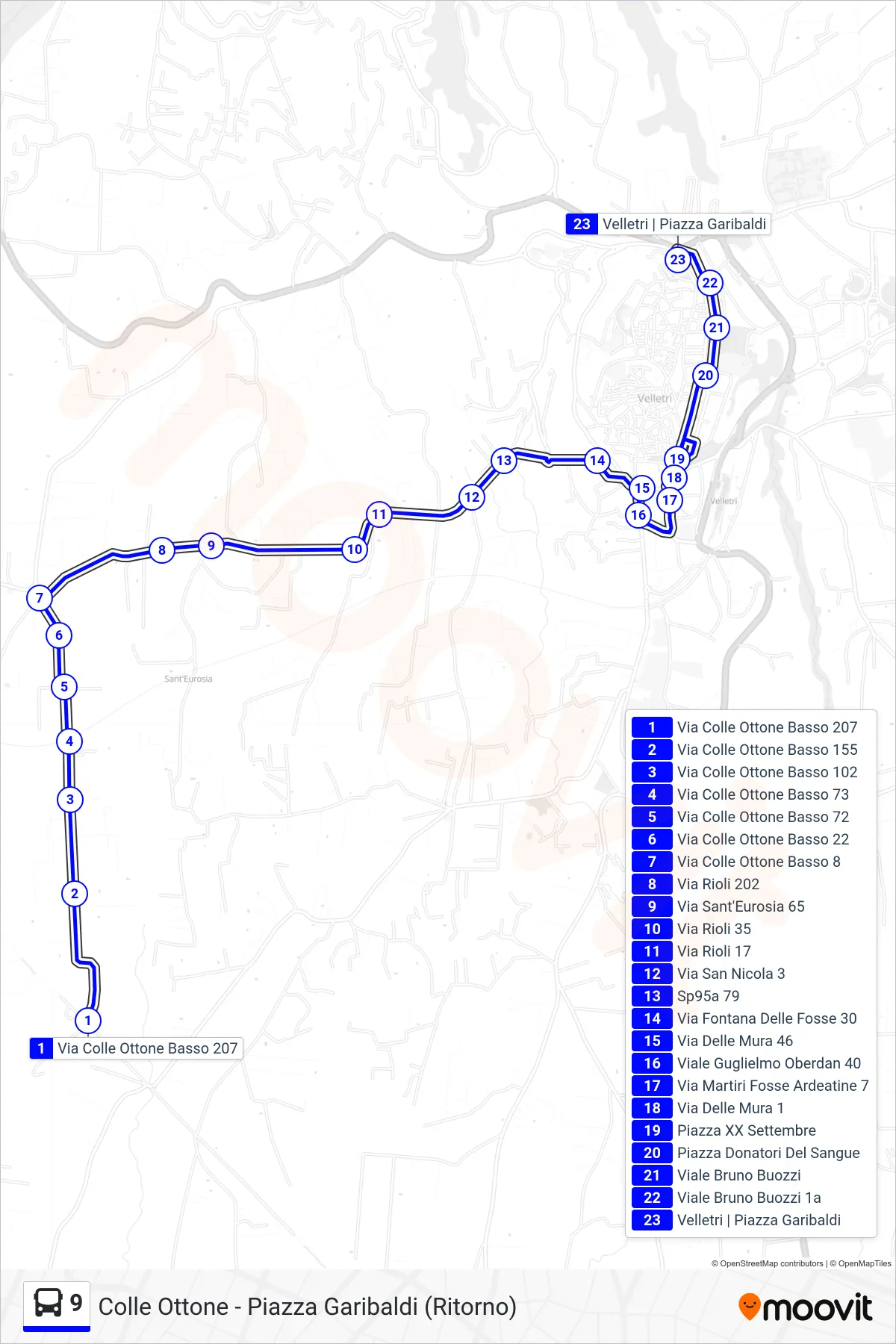 Linea 9 tram (Colle Ottone - Piazza Garibaldi (Ritorno)) - Percorsi e fermate sulla mappa