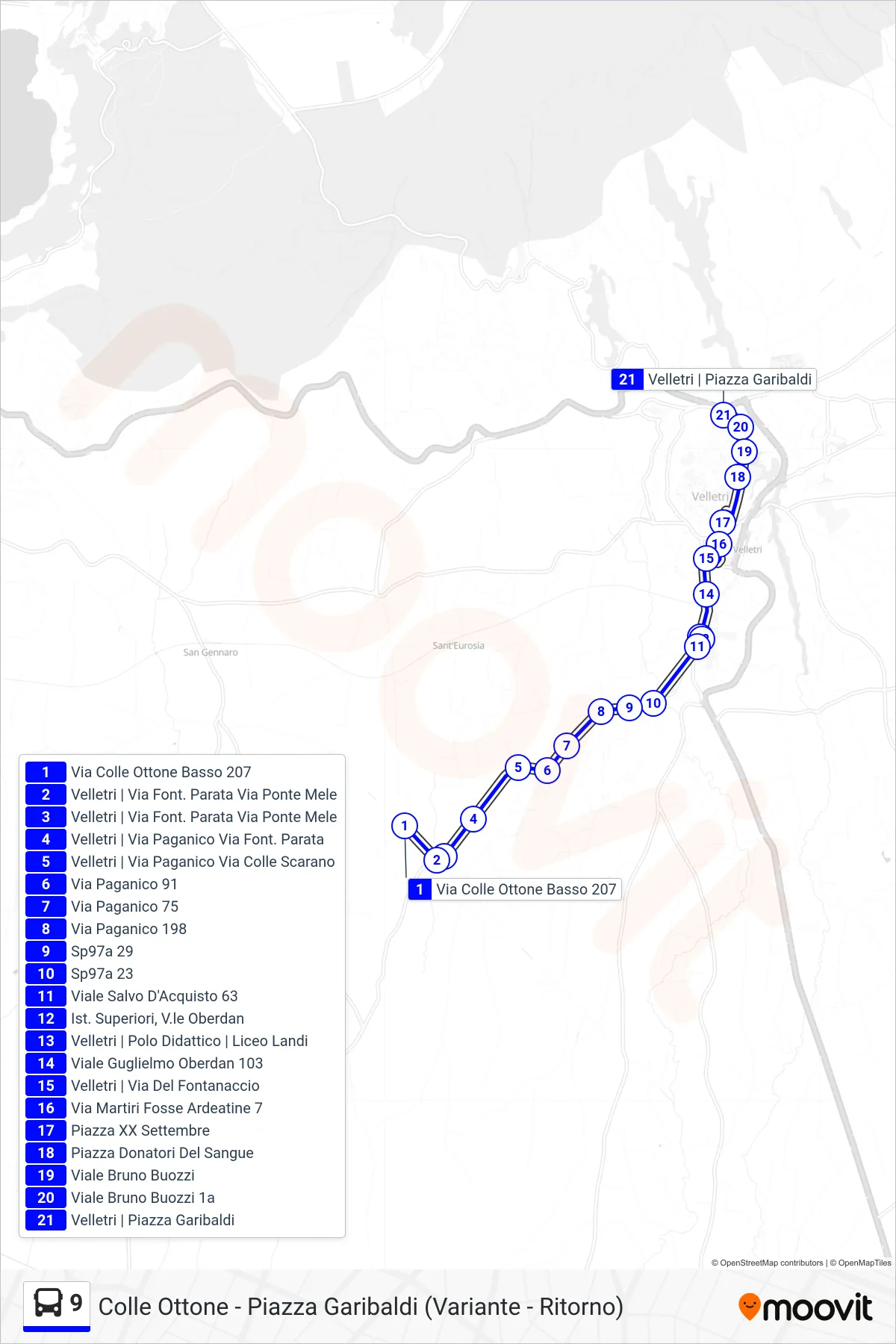 9 tram Line (Colle Ottone - Piazza Garibaldi (Variant - Return)) route and stops on a map