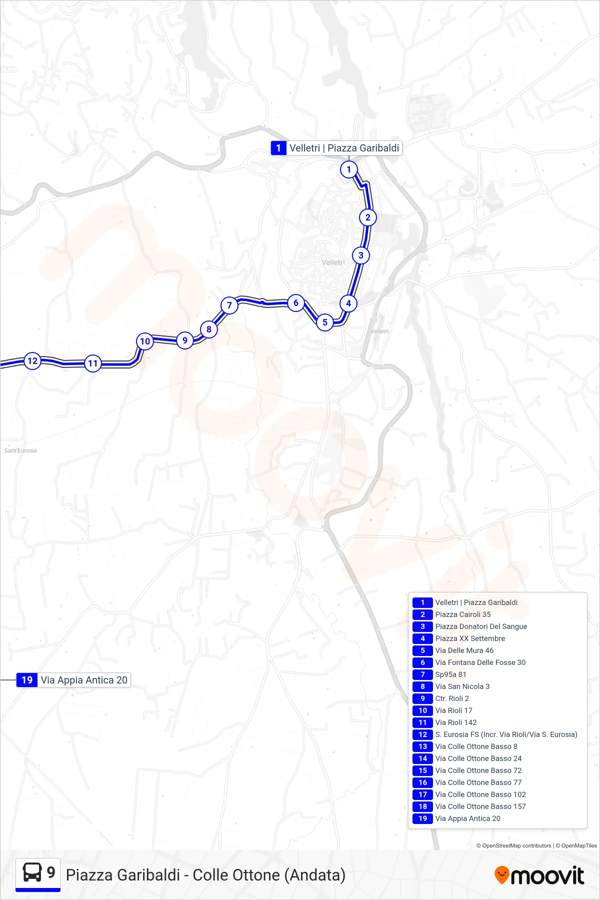 Linea 9 tram (Piazza Garibaldi - Colle Ottone (Andata)) - Percorsi e fermate sulla mappa