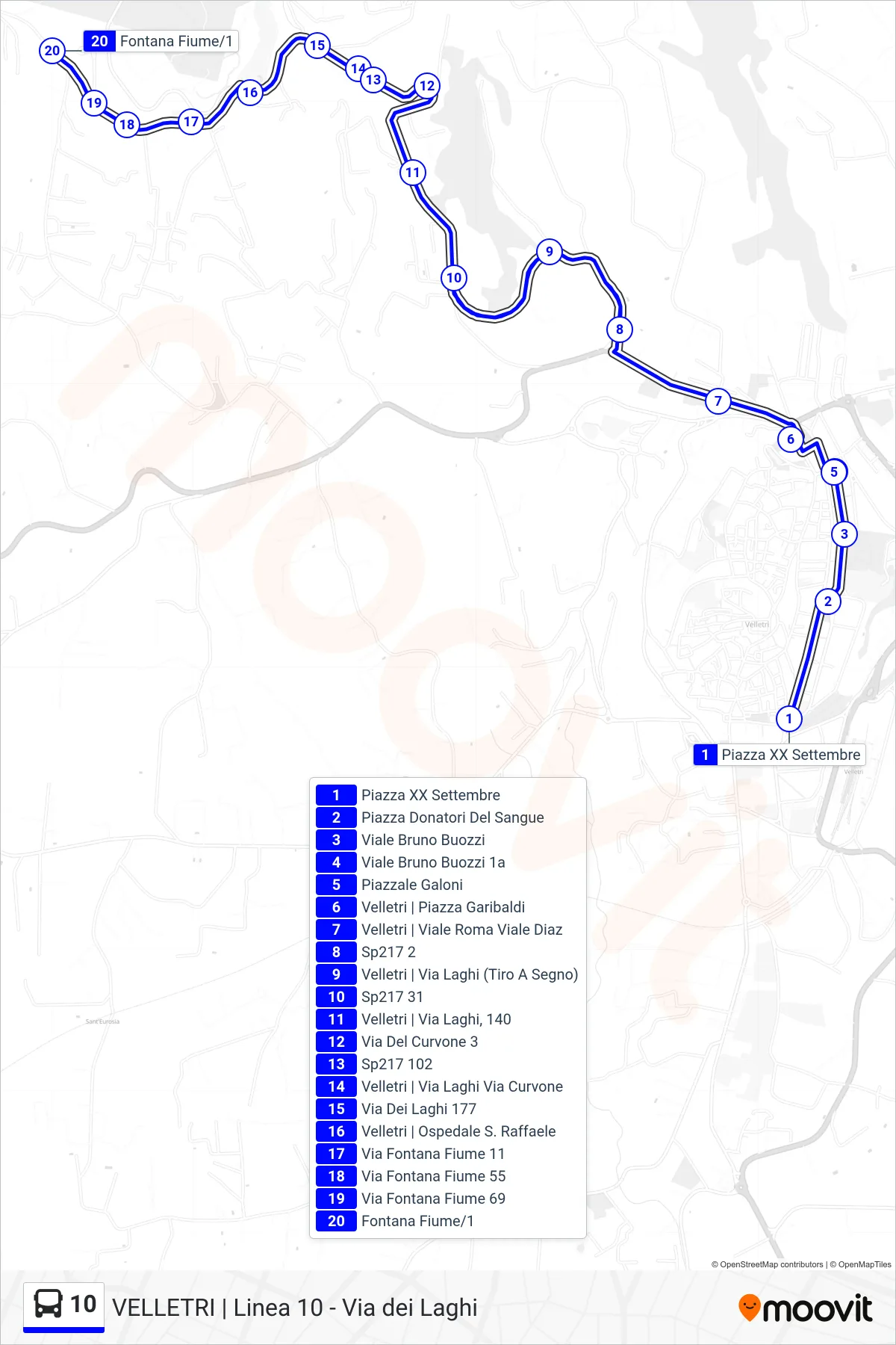 Linea 10 tram (Piazza XX Settembre - Via Fontana Fiume (Andata)) - Percorsi e fermate sulla mappa