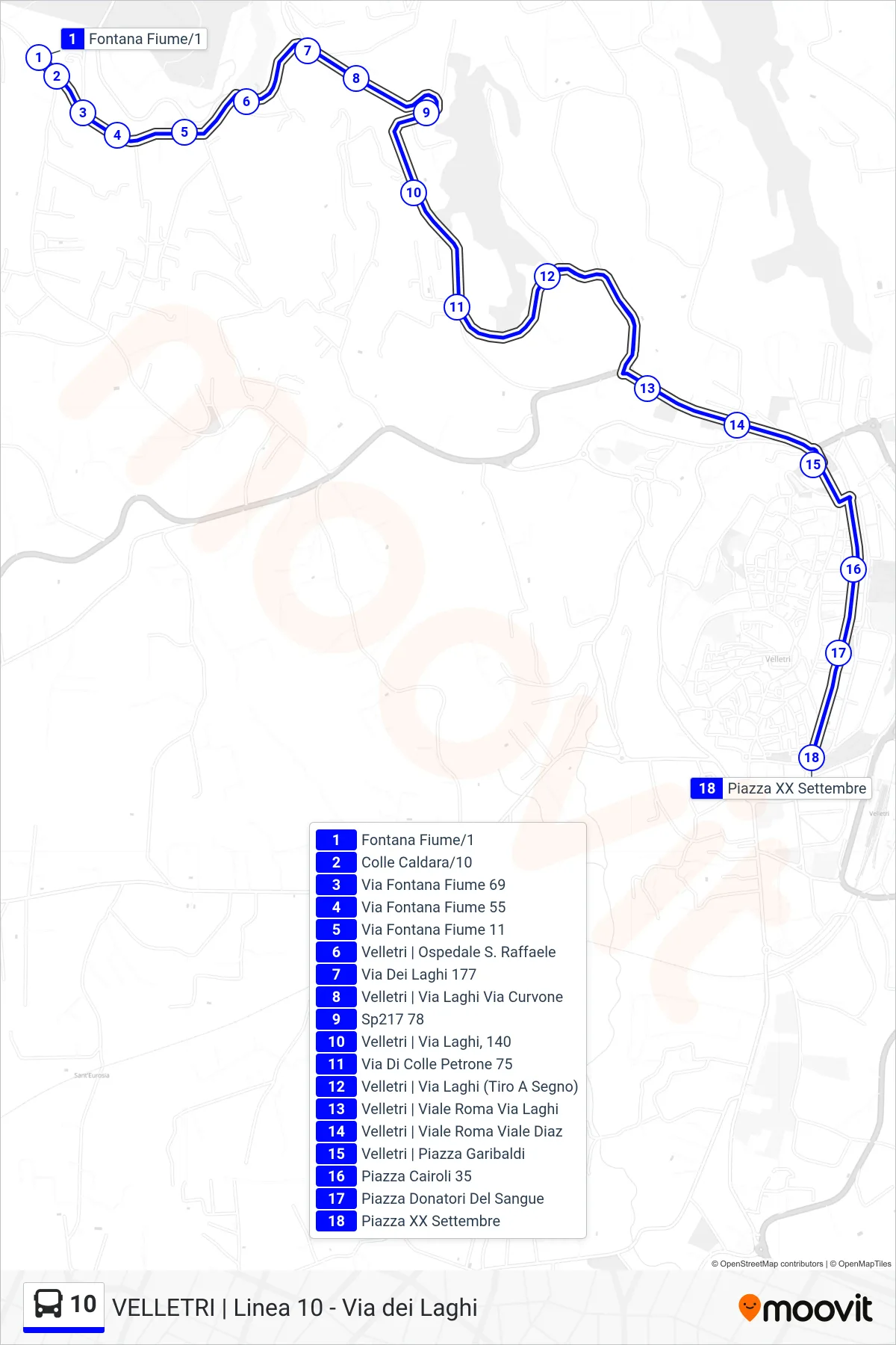 10 tram Line (Via Fontana Fiume - Piazza XX Settembre (Return)) route and stops on a map