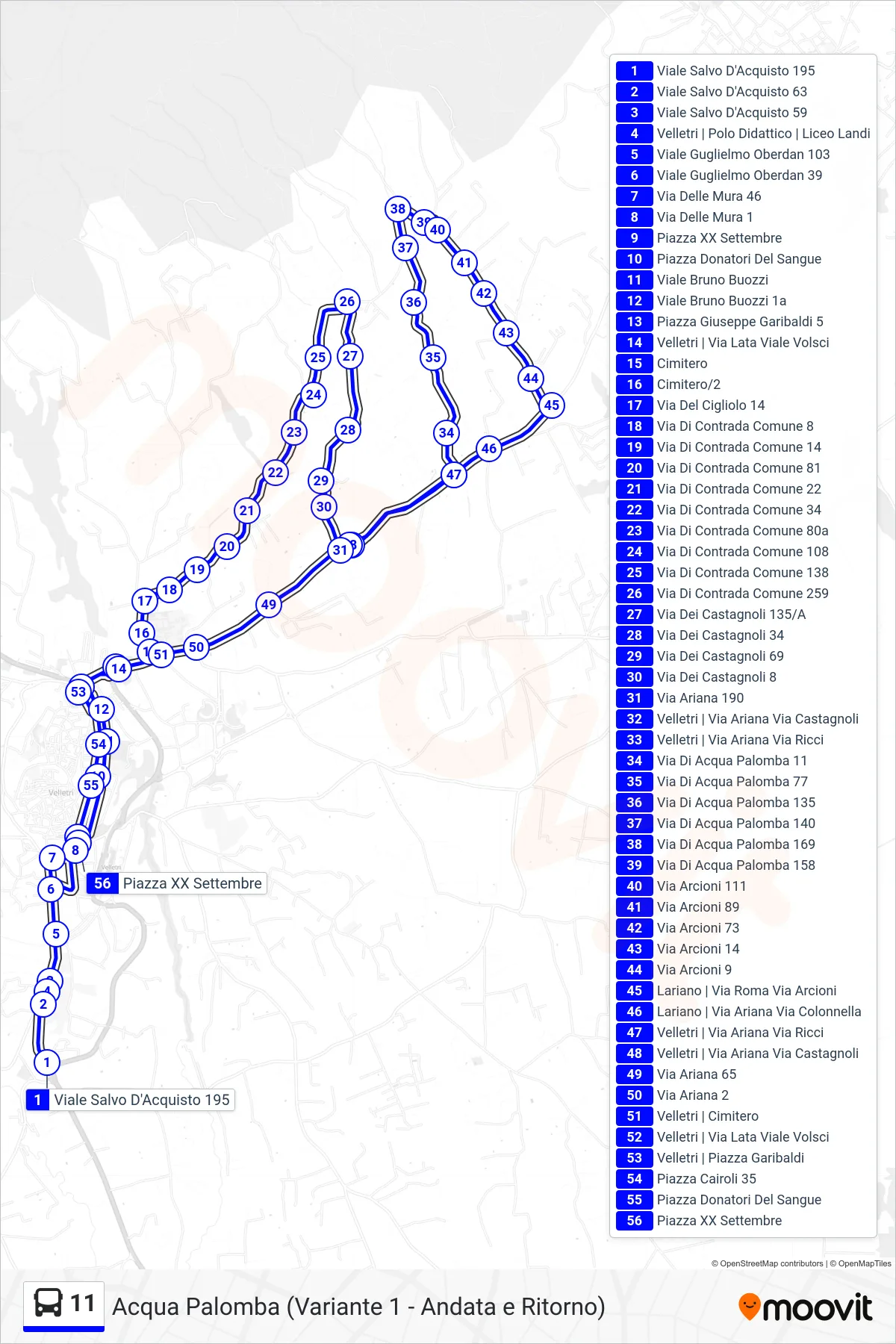 Linea 11 tram (Acqua Palomba (Variante 1 - Andata e Ritorno)) - Percorsi e fermate sulla mappa