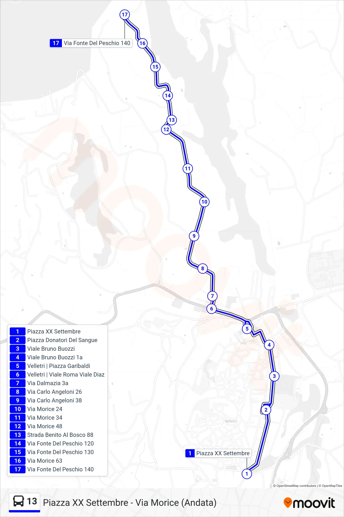 Linea 13 tram (Piazza XX Settembre - Via Morice (Andata)) - Percorsi e fermate sulla mappa