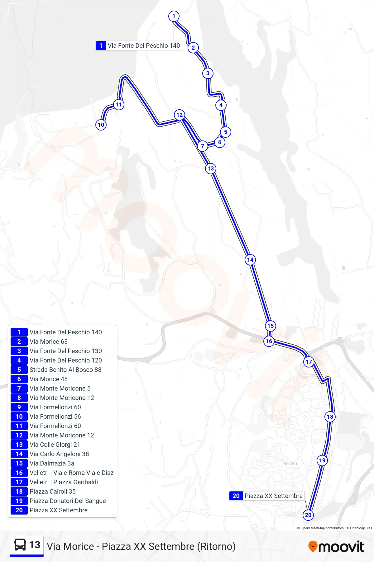Linea 13 tram (Via Morice - Piazza XX Settembre (Ritorno)) - Percorsi e fermate sulla mappa