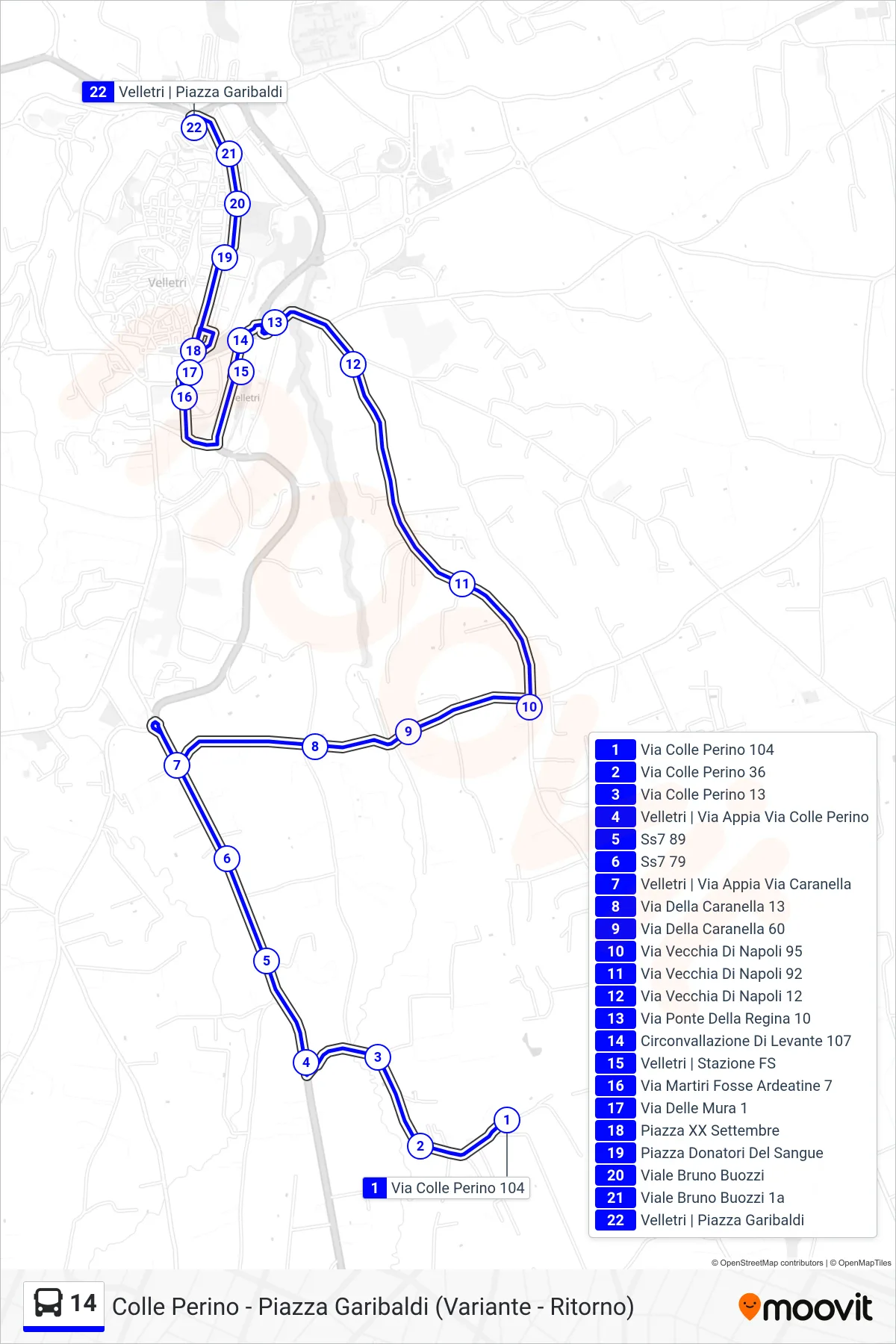 Linea 14 tram (Colle Perino - Piazza Garibaldi (Variante - Ritorno)) - Percorsi e fermate sulla mappa