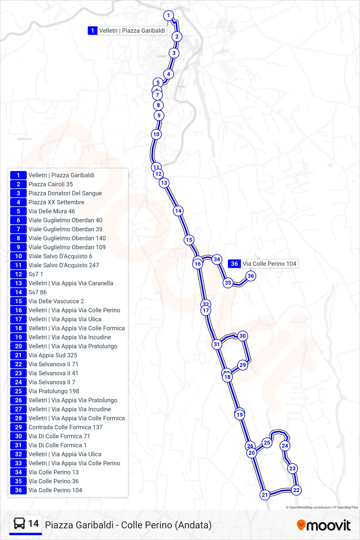 Linea 14 tram (Piazza Garibaldi - Colle Perino (Andata)) - Percorsi e fermate sulla mappa