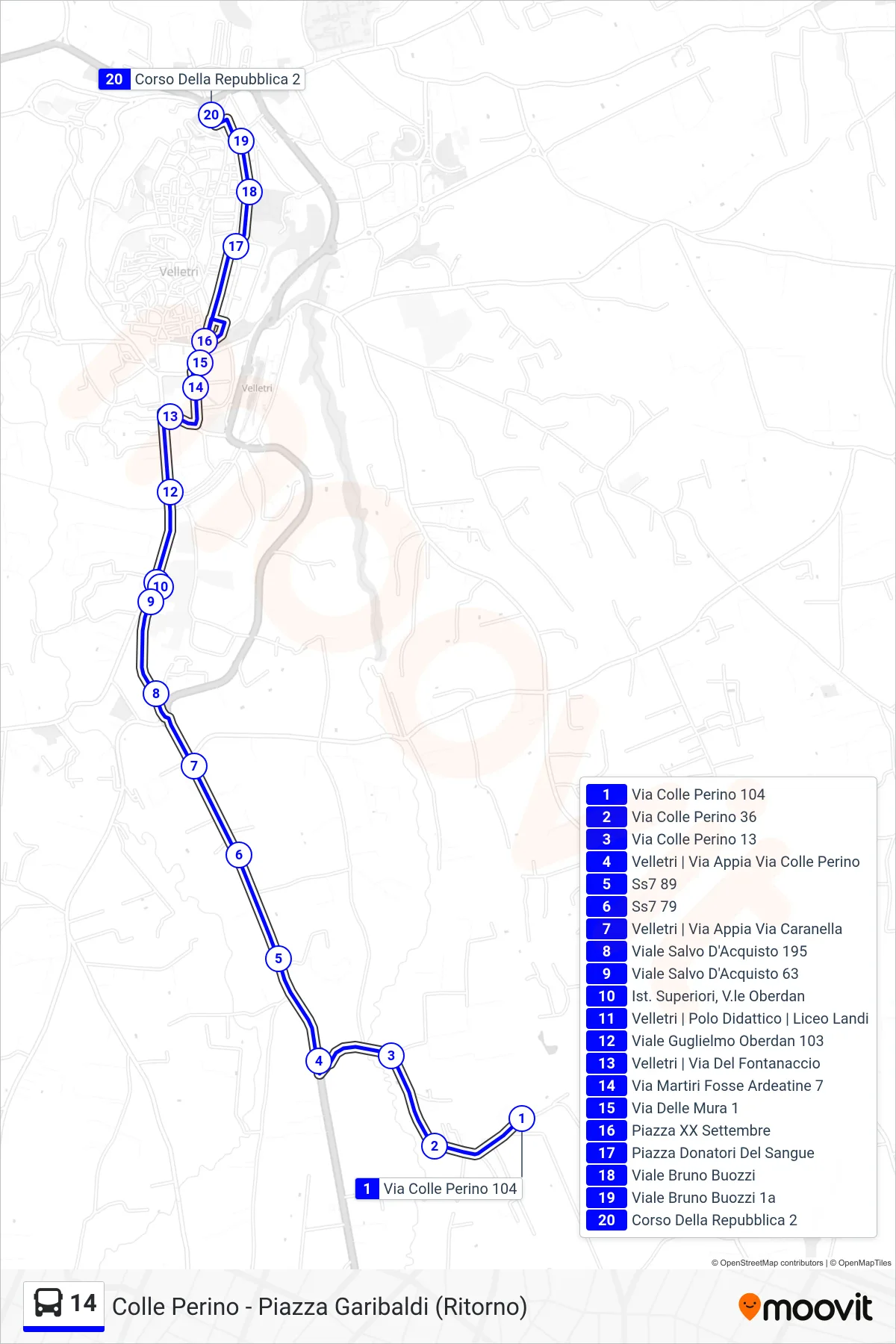 14 tram Line (Colle Perino - Garibaldi Square (Return)) route and stops on a map