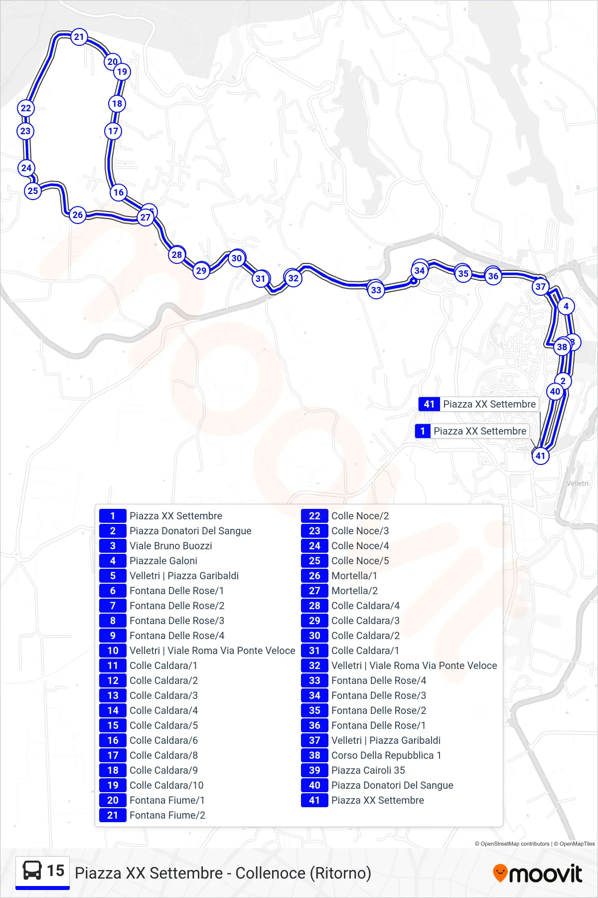 Linea 15 tram (Piazza XX Settembre - Collenoce (Ritorno)) - Percorsi e fermate sulla mappa