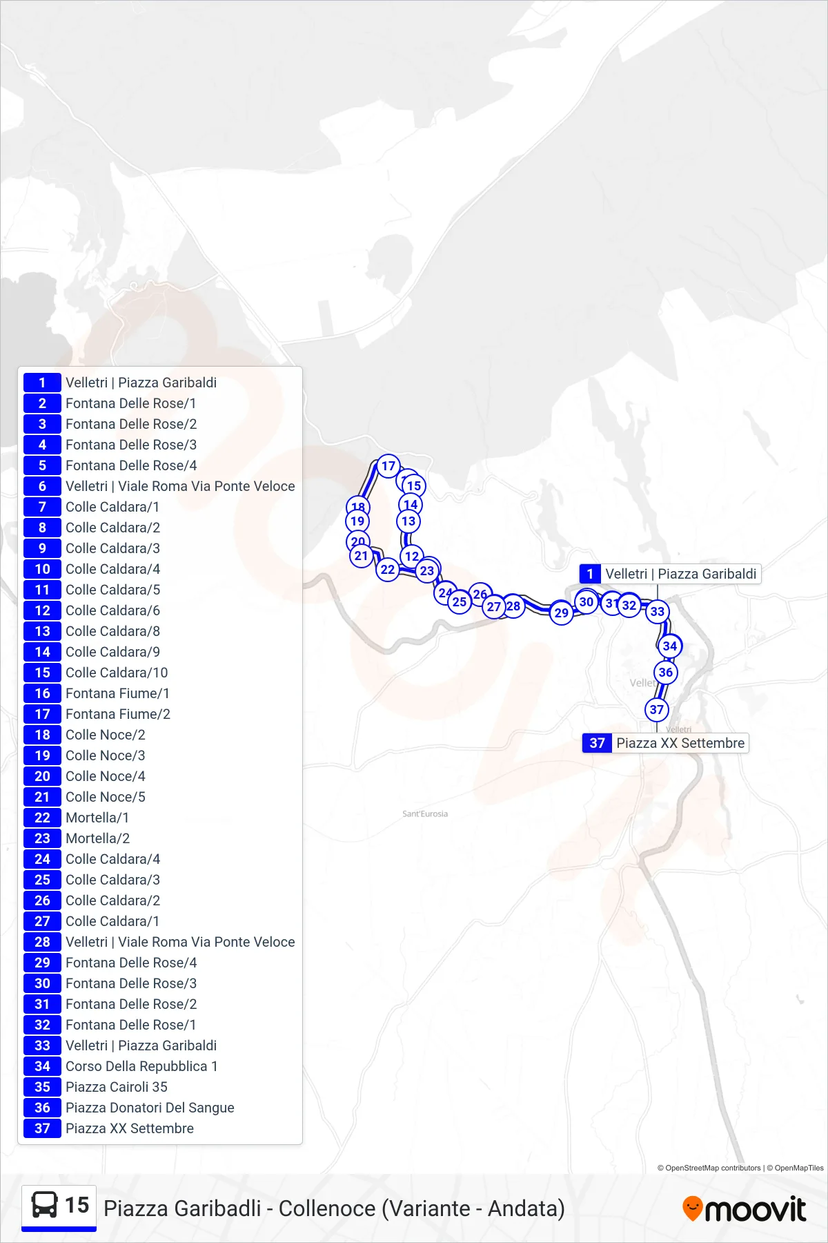Linea 15 tram (Piazza Garibadli - Collenoce (Variante - Andata)) - Percorsi e fermate sulla mappa
