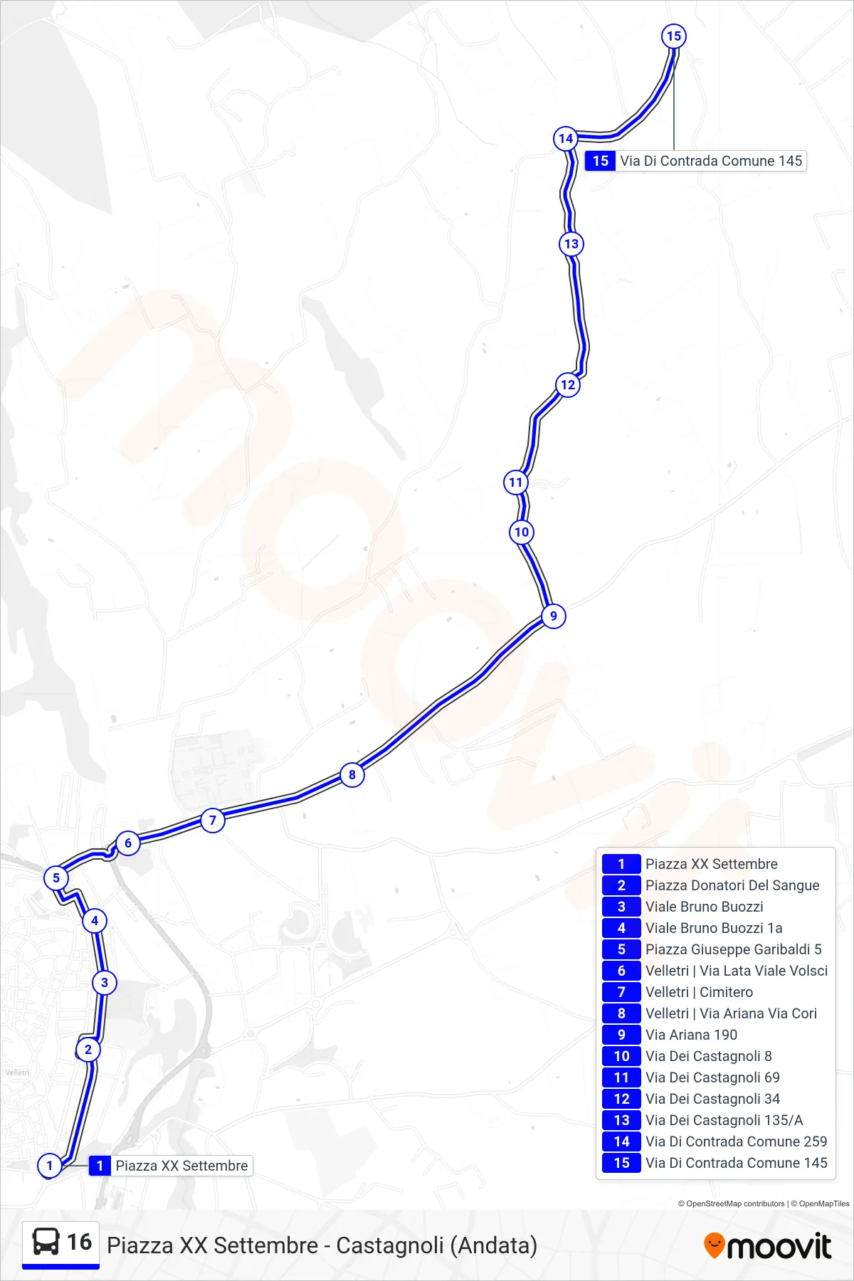 Linea 16  tram (Piazza XX Settembre - Castagnoli (Andata)) - Percorsi e fermate sulla mappa