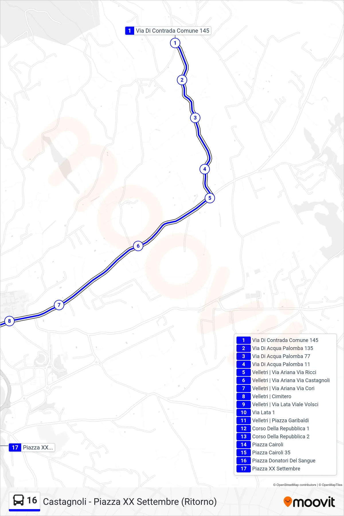 Linea 16  tram (Castagnoli - Piazza XX Settembre (Ritorno)) - Percorsi e fermate sulla mappa