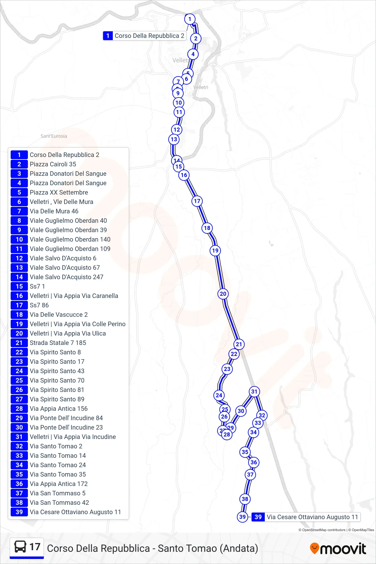 17 tram Line (Corso Della Repubblica - Santo Tomao (Outbound)) route and stops on a map