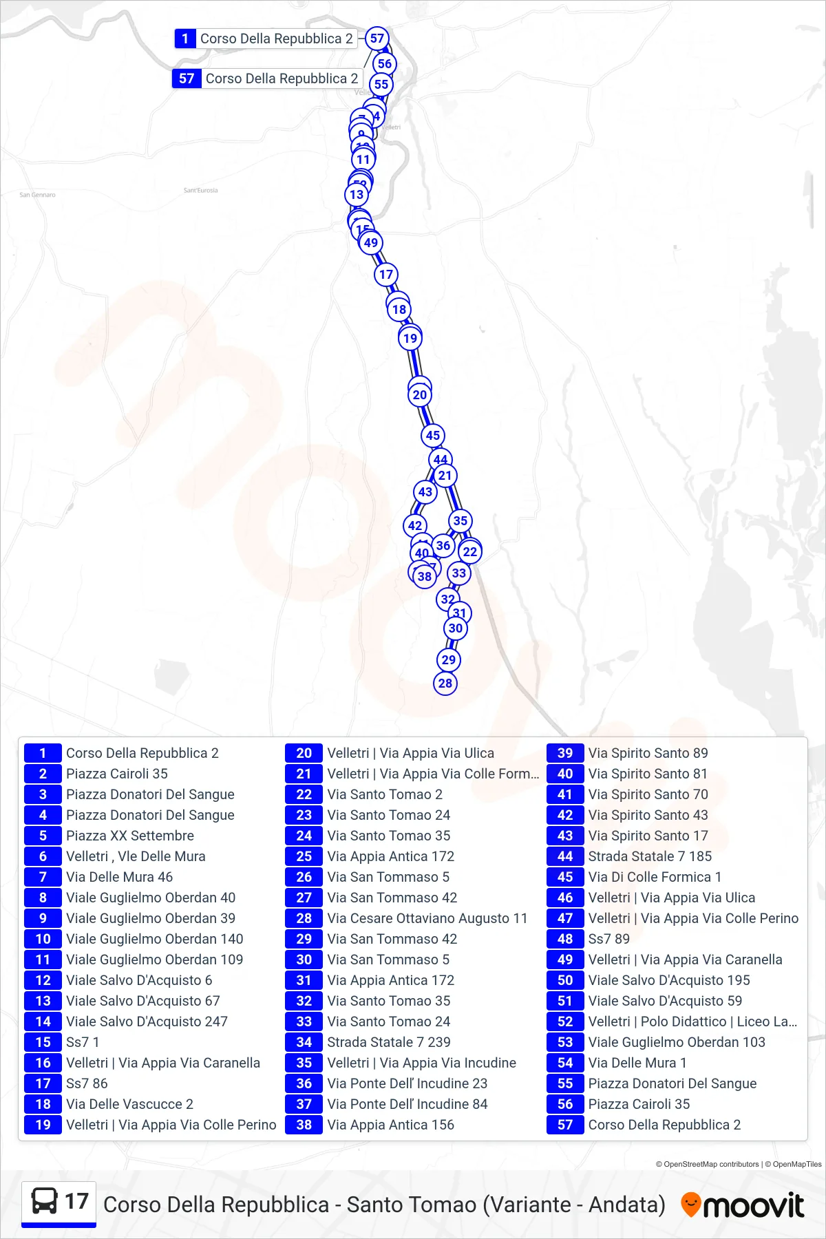 Linea 17 tram (Corso Della Repubblica - Santo Tomao (Variante - Andata)) - Percorsi e fermate sulla mappa