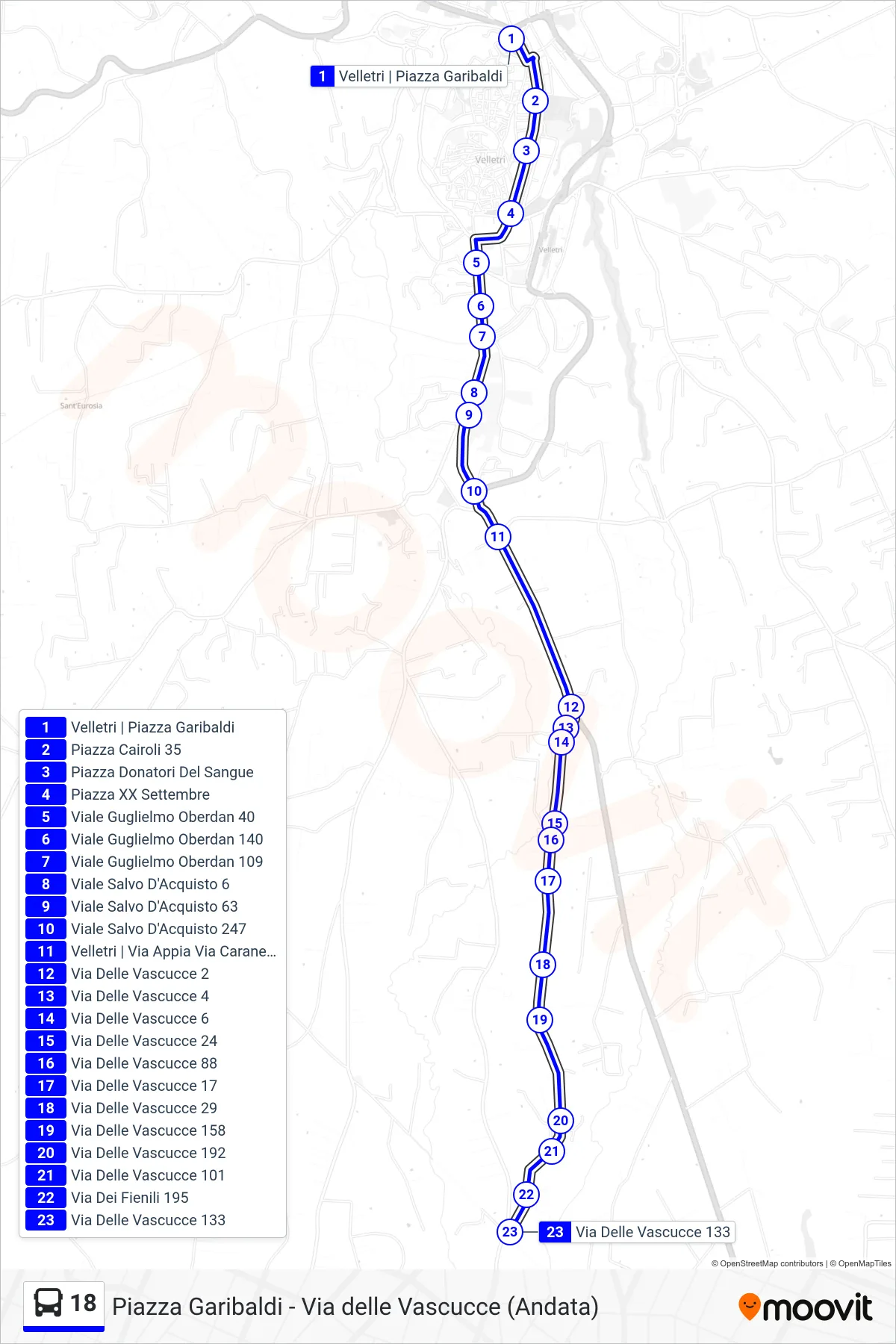 Linea 18 tram (Piazza Garibaldi - Via delle Vascucce (Andata)) - Percorsi e fermate sulla mappa