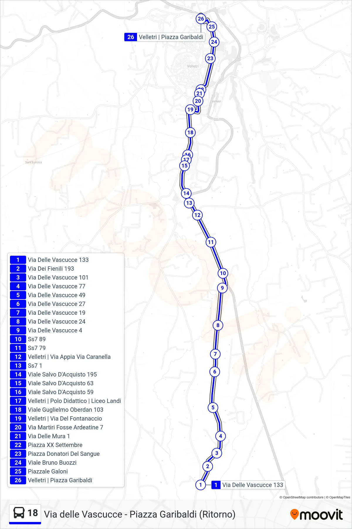 Linea 18 tram (Via delle Vascucce - Piazza Garibaldi (Ritorno)) - Percorsi e fermate sulla mappa