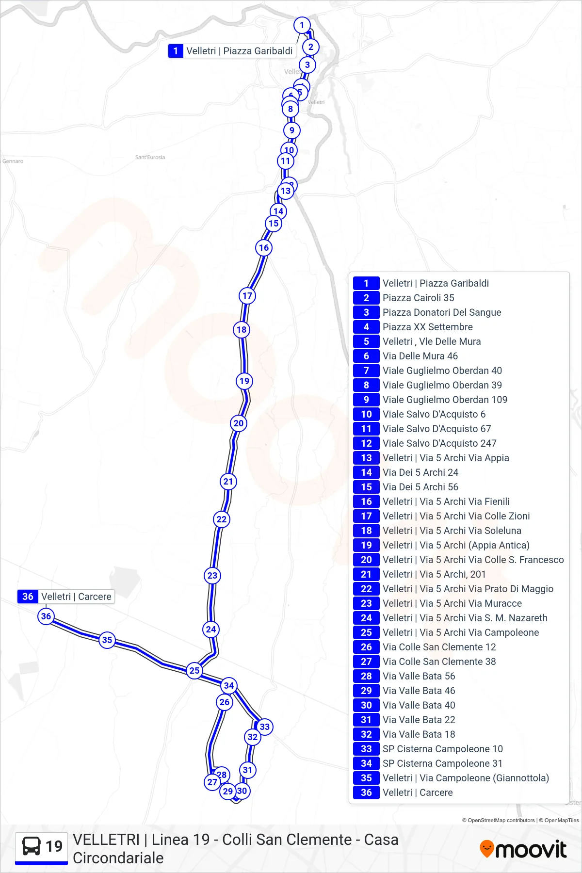 Linea 19 tram (Piazza Garibaldi - Colli San Clemente - Casa Circondariale (Andata)) - Percorsi e fermate sulla mappa