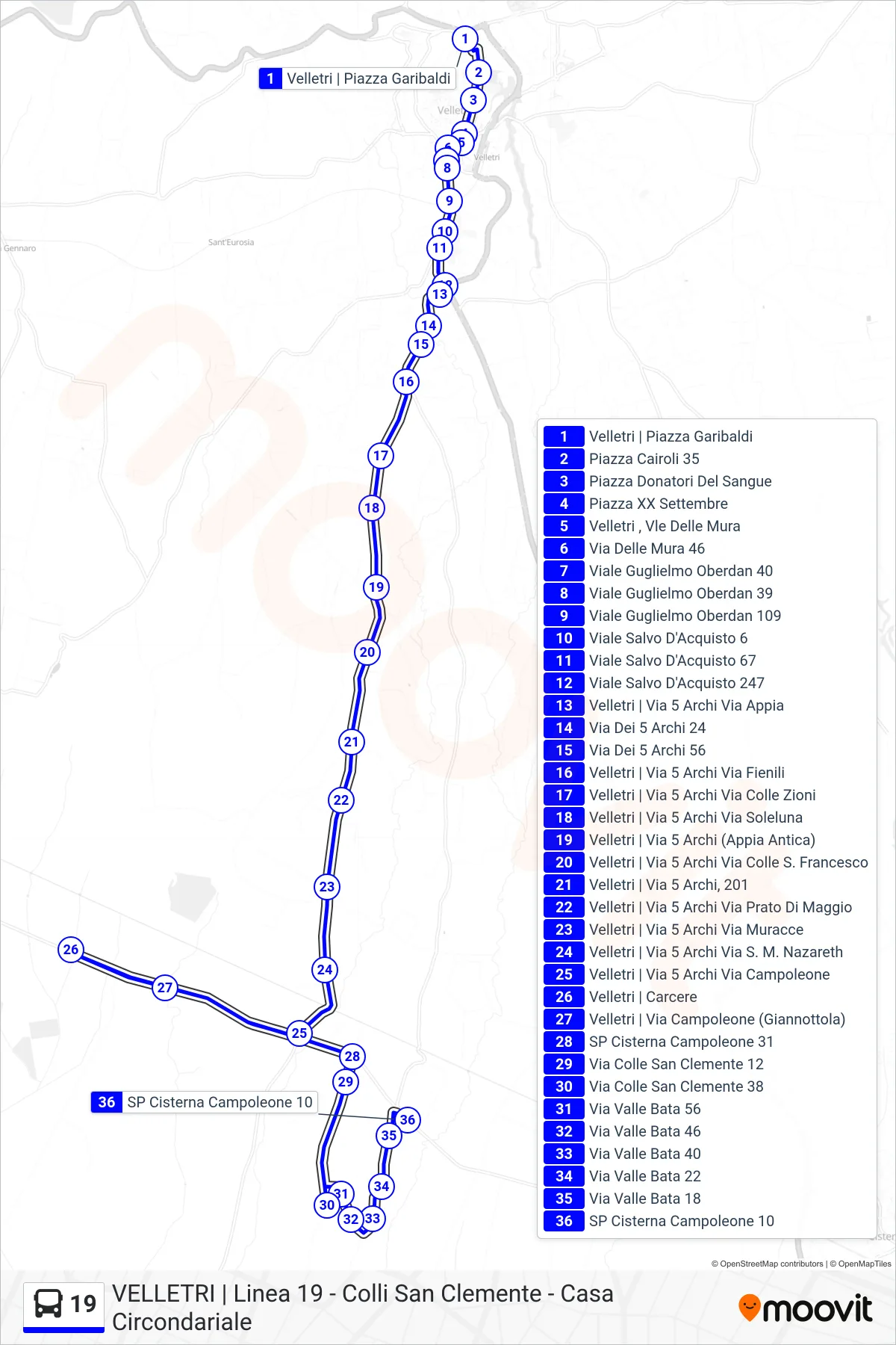 Linea 19 tram (Piazza Garibaldi - Colli San Clemente - Casa Circondariale (Variante - Andata)) - Percorsi e fermate sulla mappa