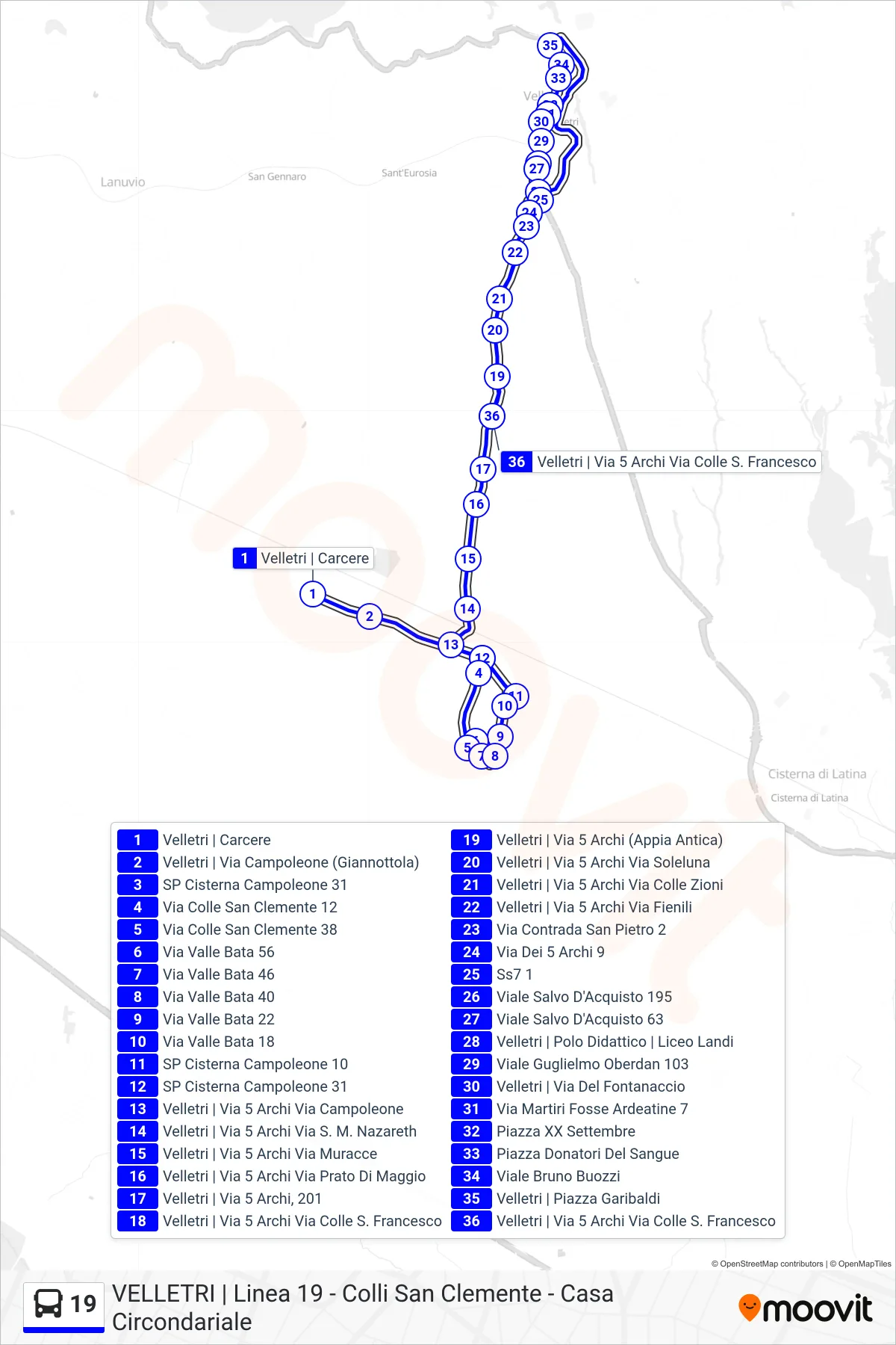 Linea 19 tram (Colli San Clemente - Casa Circondariale - Piazza Garibaldi (Ritorno)) - Percorsi e fermate sulla mappa