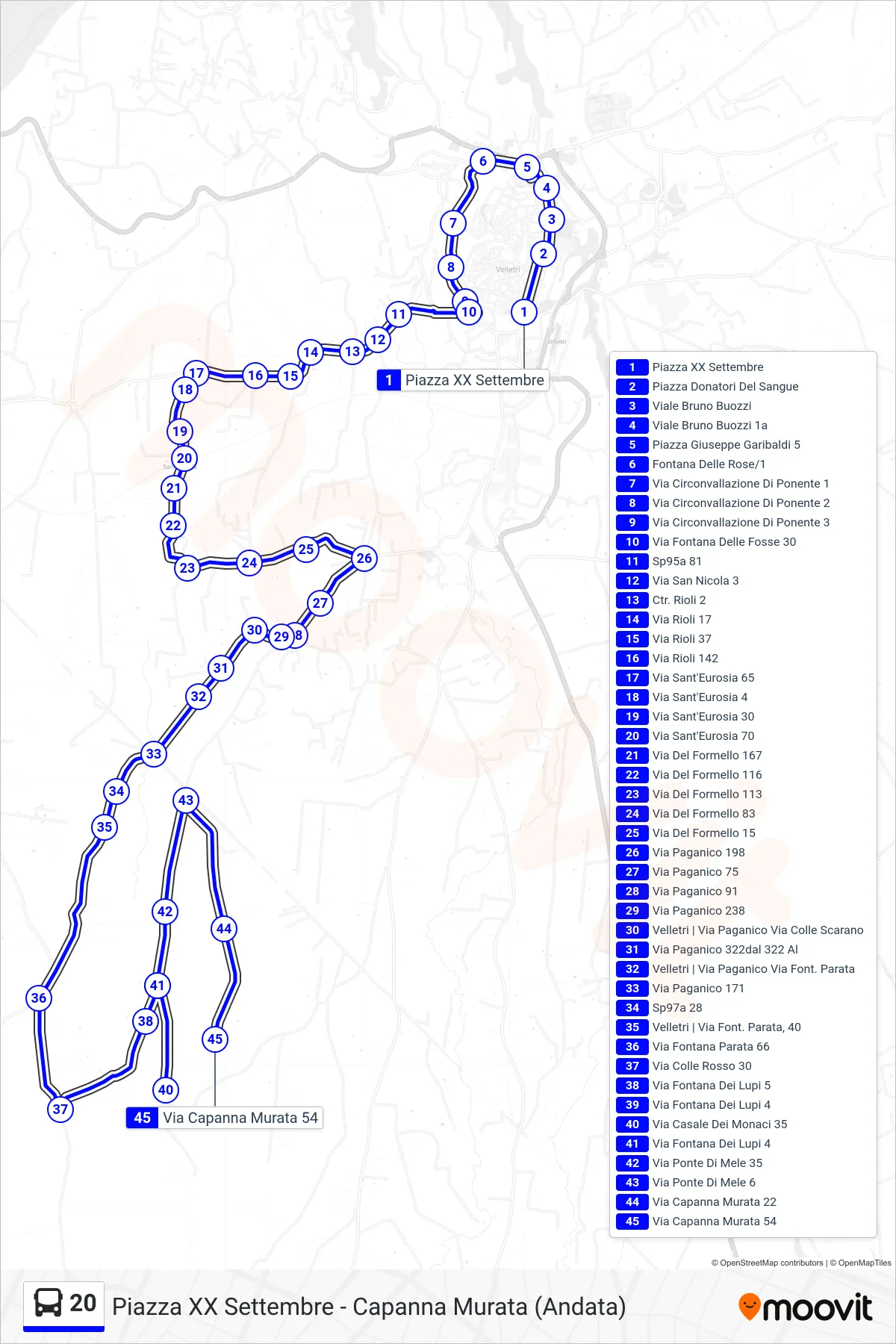 20 tram Line (Piazza XX Settembre to Capanna Murata (Outbound)) route and stops on a map