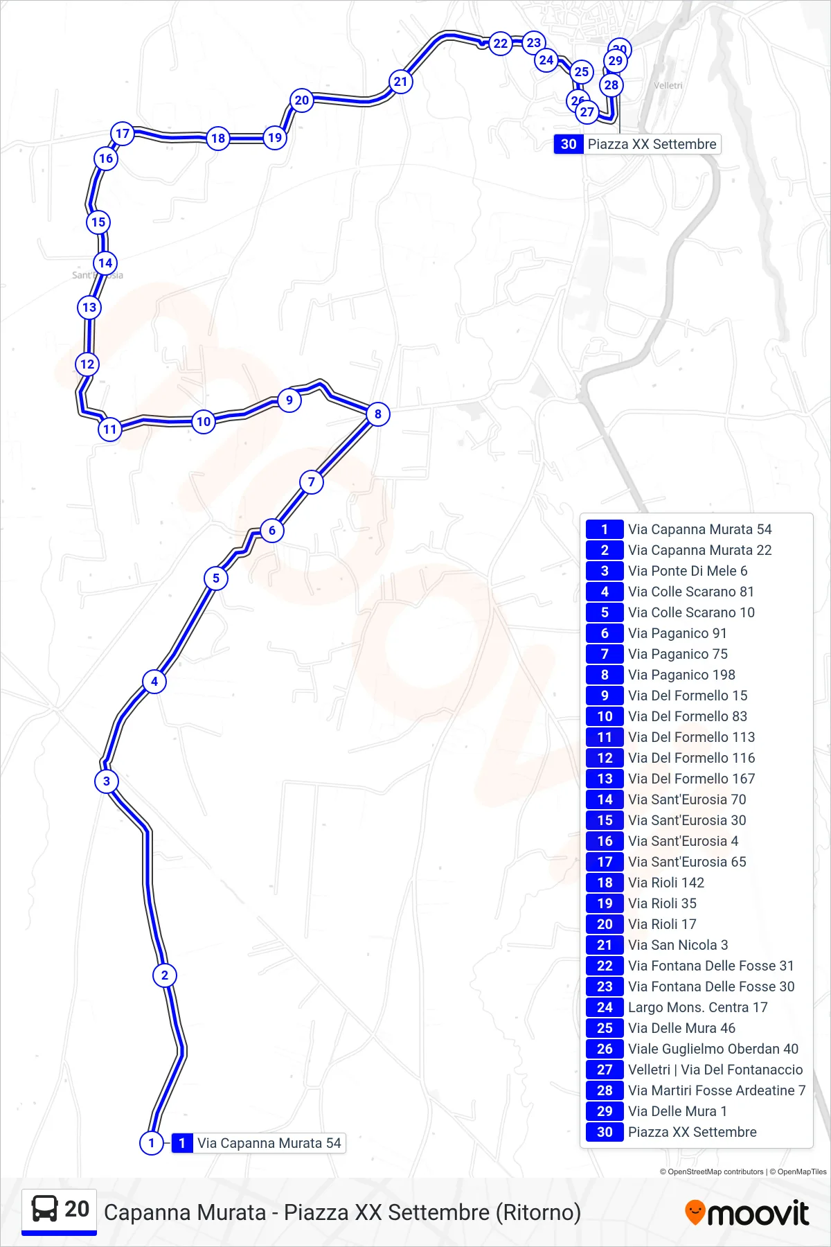 Linea 20 tram (Capanna Murata - Piazza XX Settembre (Ritorno)) - Percorsi e fermate sulla mappa