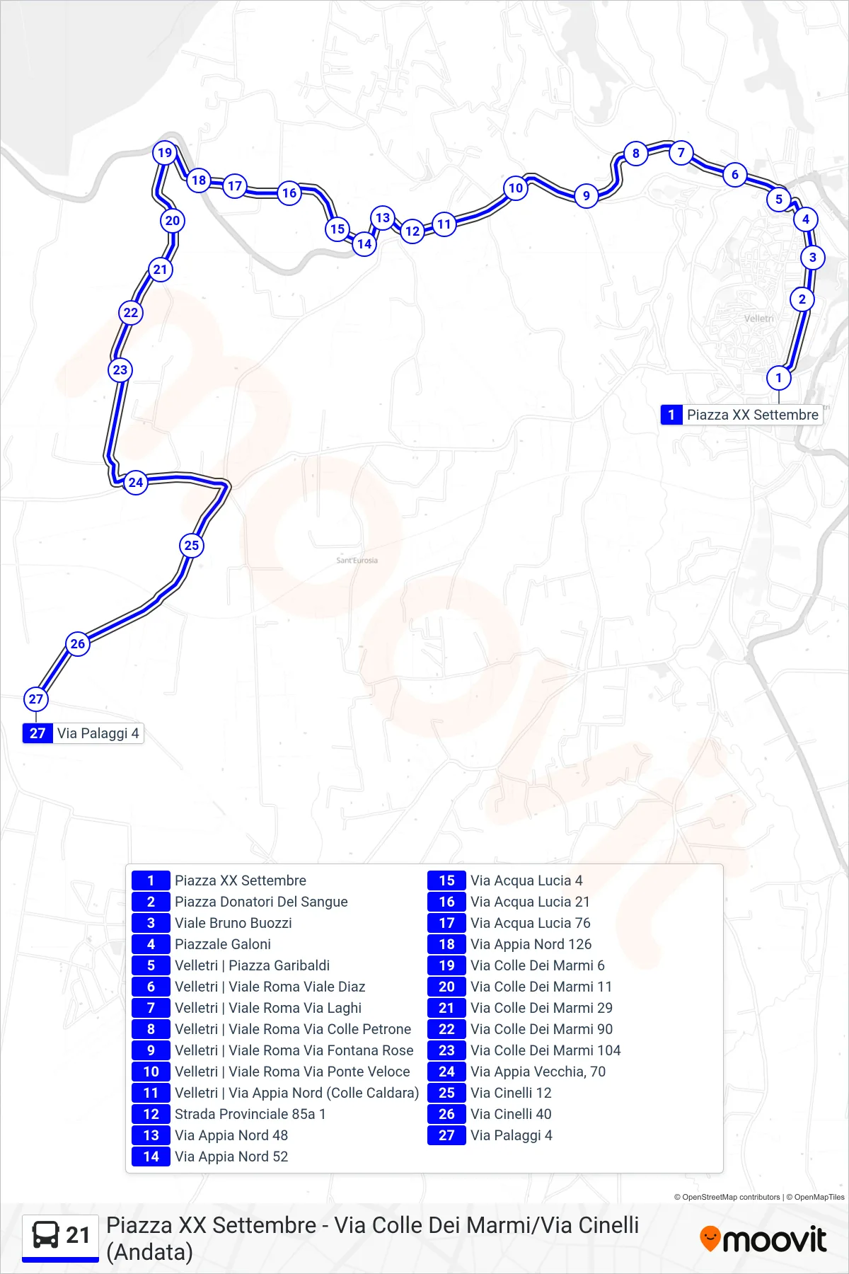Linea 21 tram (Piazza XX Settembre - Via Colle Dei Marmi/Via Cinelli (Andata)) - Percorsi e fermate sulla mappa