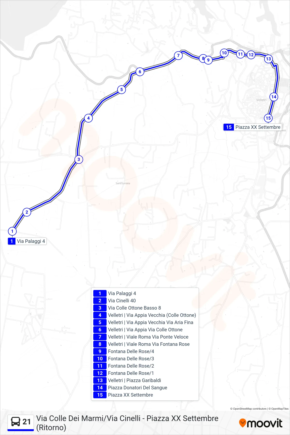 Linea 21 tram (Via Colle Dei Marmi/Via Cinelli - Piazza XX Settembre (Ritorno)) - Percorsi e fermate sulla mappa