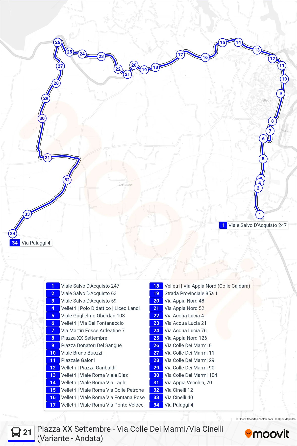 21 tram Line (Piazza XX September - Via Colle Dei Marmi/Via Cinelli (Variant - Outbound)) route and stops on a map