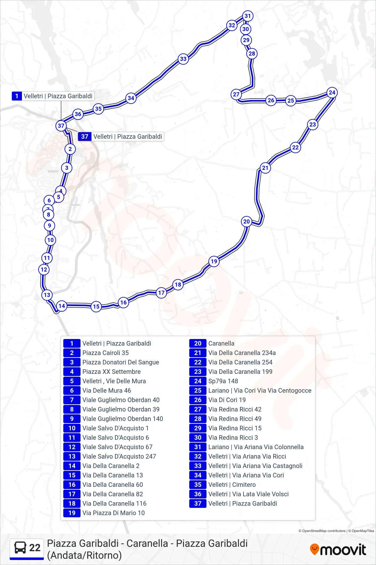Linea 22 tram (Piazza Garibaldi - Caranella - Piazza Garibaldi (Andata/Ritorno)) - Percorsi e fermate sulla mappa