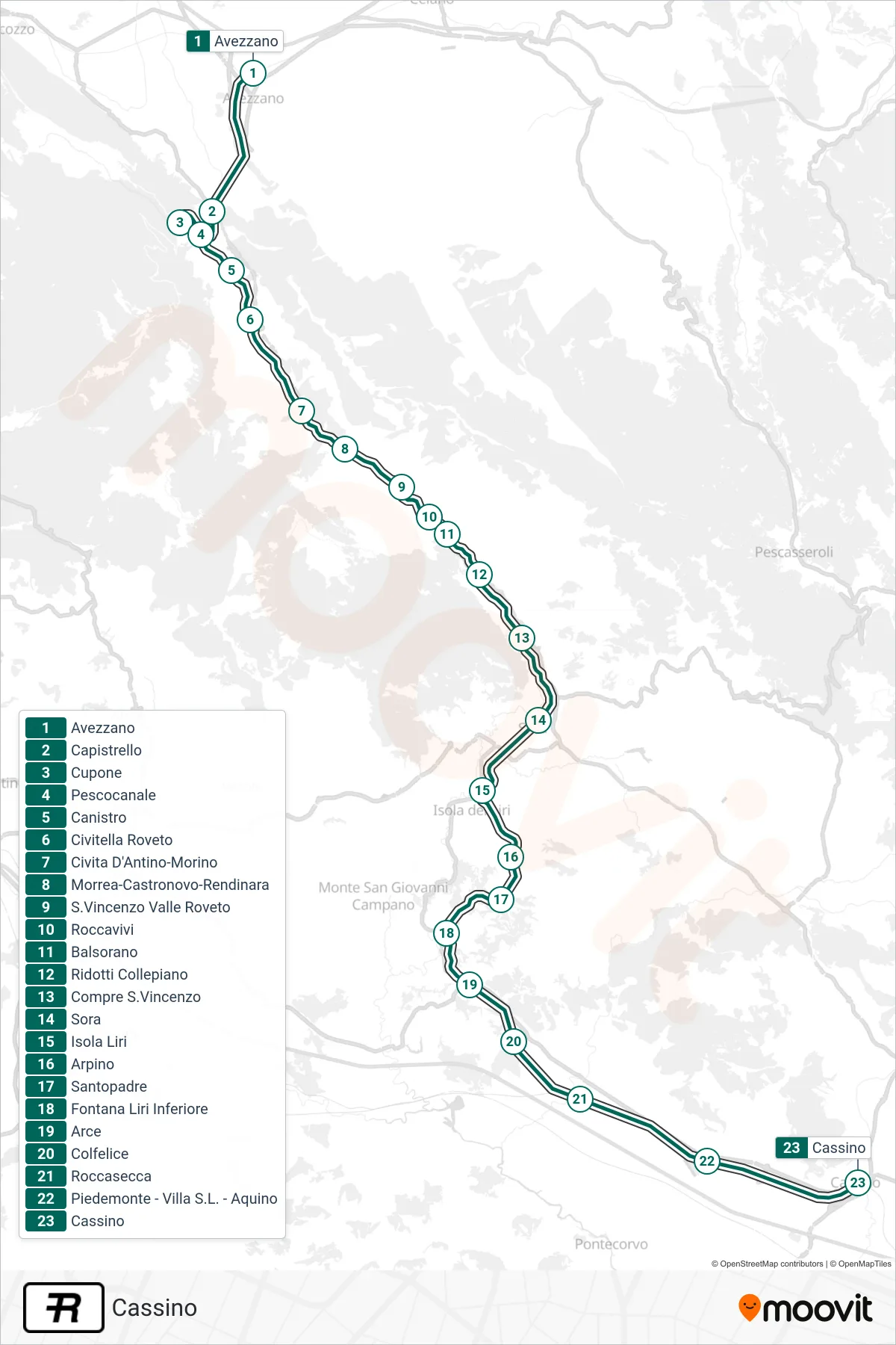 Linea R treno (Cassino) - Percorsi e fermate sulla mappa