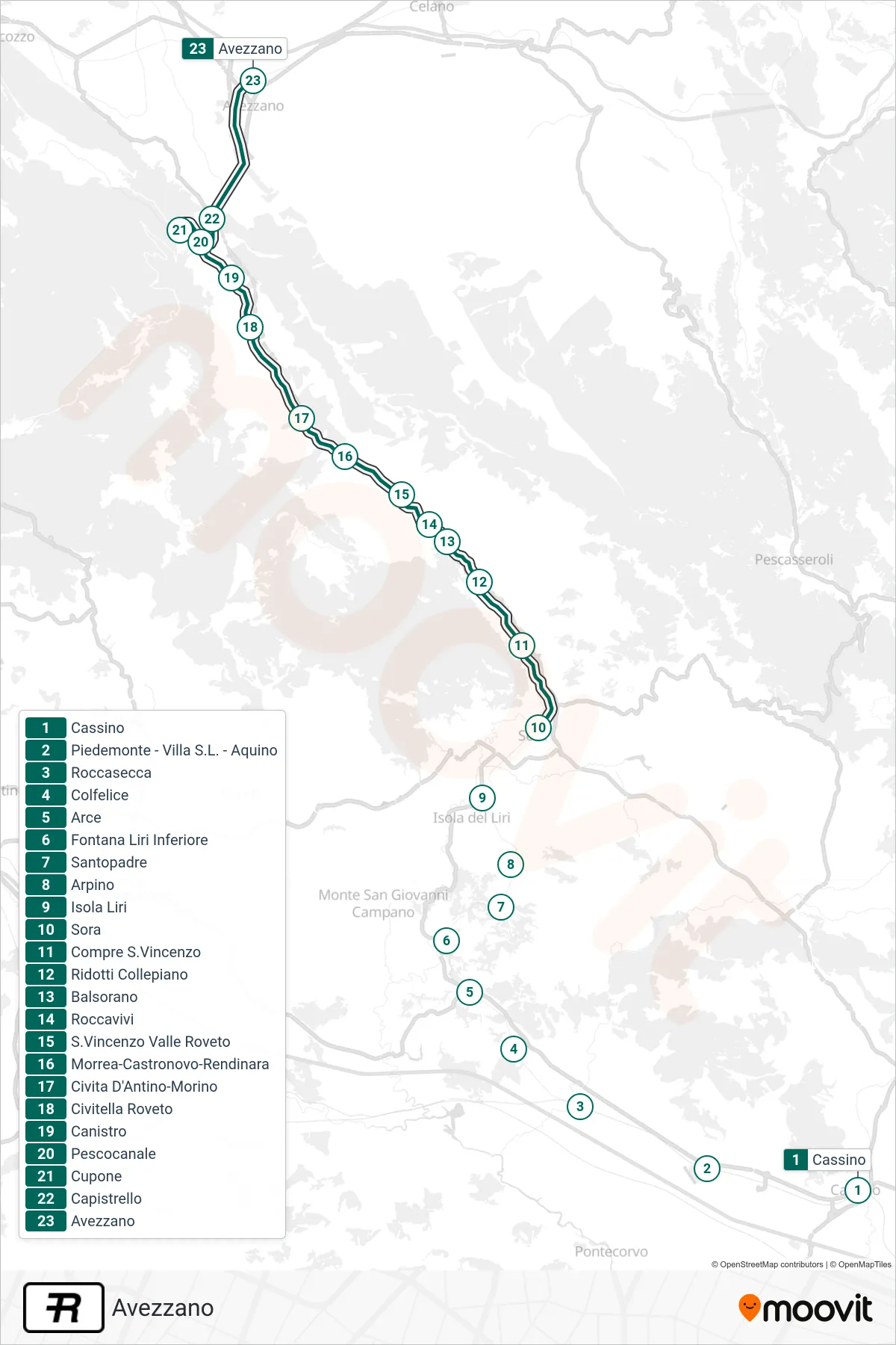 Linea R treno (Avezzano) - Percorsi e fermate sulla mappa