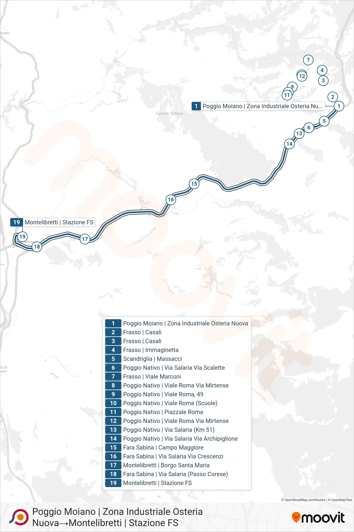 Linea COTRAL bus (Poggio Moiano | Zona Industriale Osteria Nuova→Montelibretti | Stazione FS) - Percorsi e fermate sulla mappa