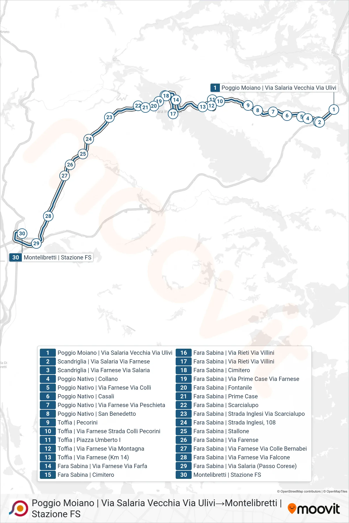 Linea COTRAL bus (Poggio Moiano | Via Salaria Vecchia Via Ulivi→Montelibretti | Stazione FS) - Percorsi e fermate sulla mappa