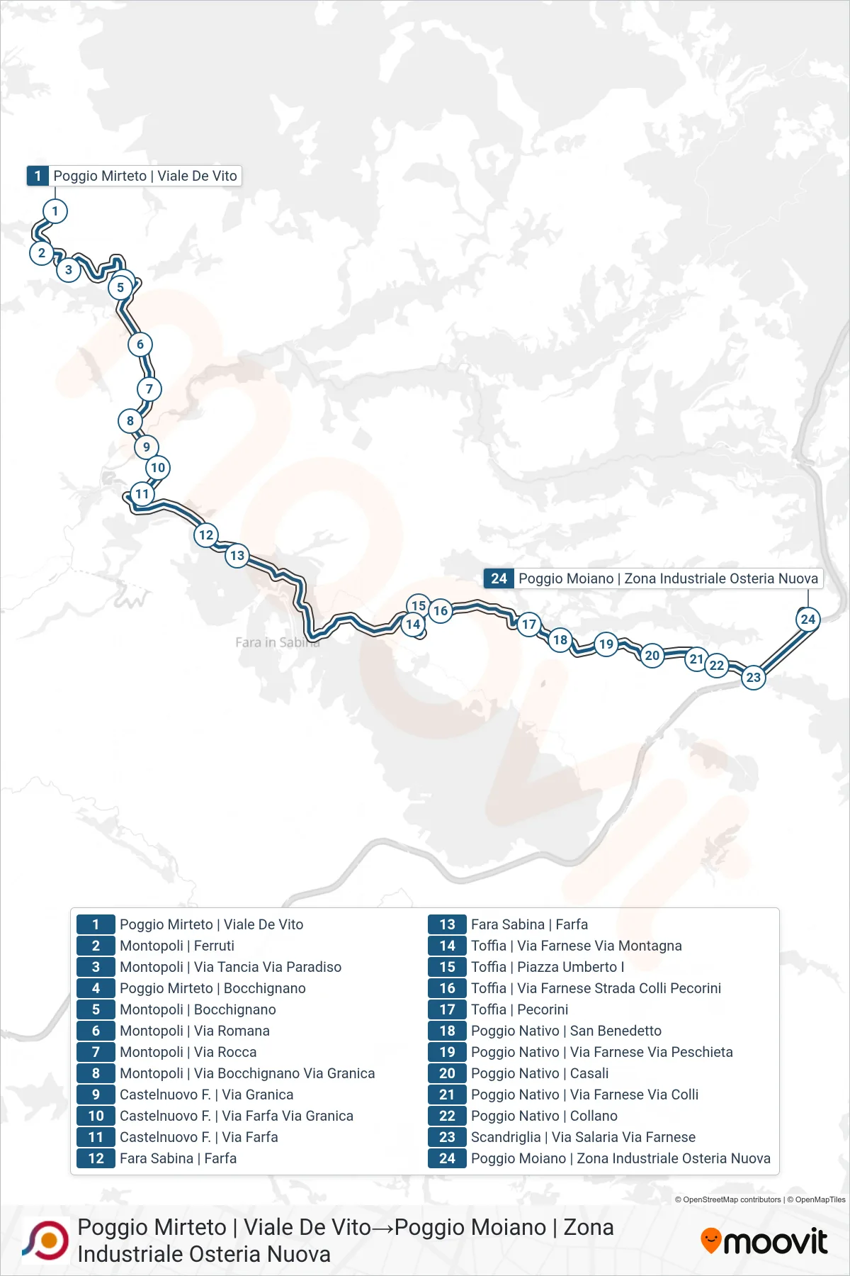 Linea COTRAL bus (Poggio Mirteto | Viale De Vito→Poggio Moiano | Zona Industriale Osteria Nuova) - Percorsi e fermate sulla mappa