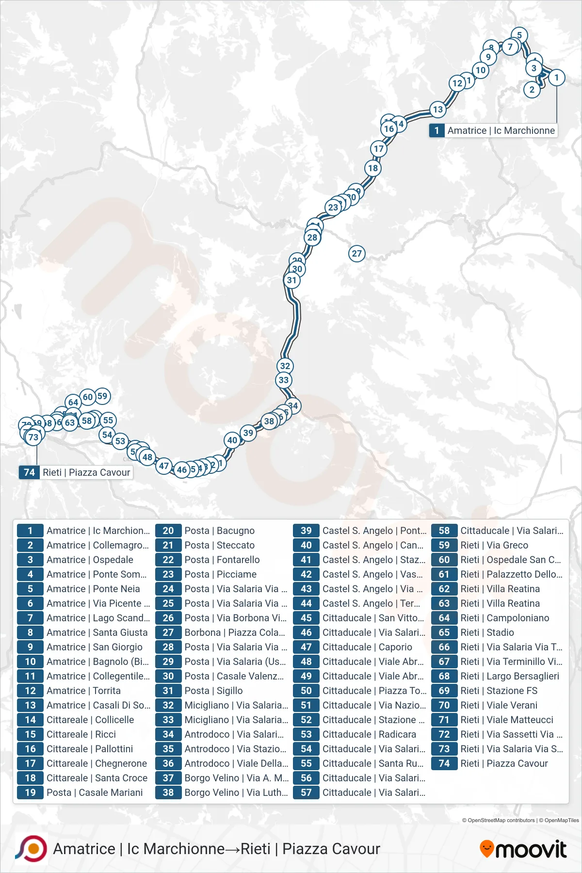 Linea COTRAL bus (Amatrice | Ic Marchionne→Rieti | Piazza Cavour) - Percorsi e fermate sulla mappa