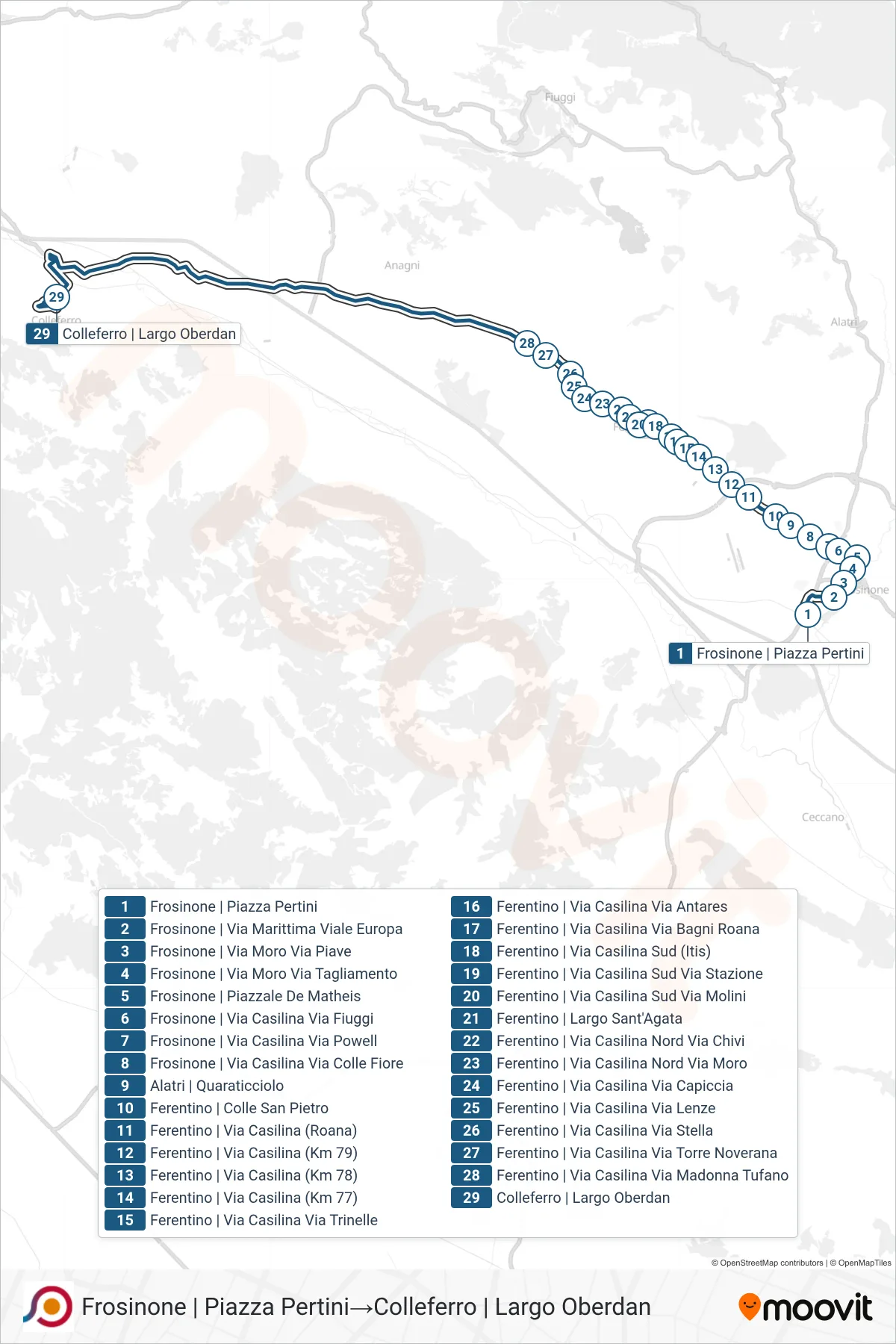 Linea COTRAL bus (Frosinone | Piazza Pertini→Colleferro | Largo Oberdan) - Percorsi e fermate sulla mappa