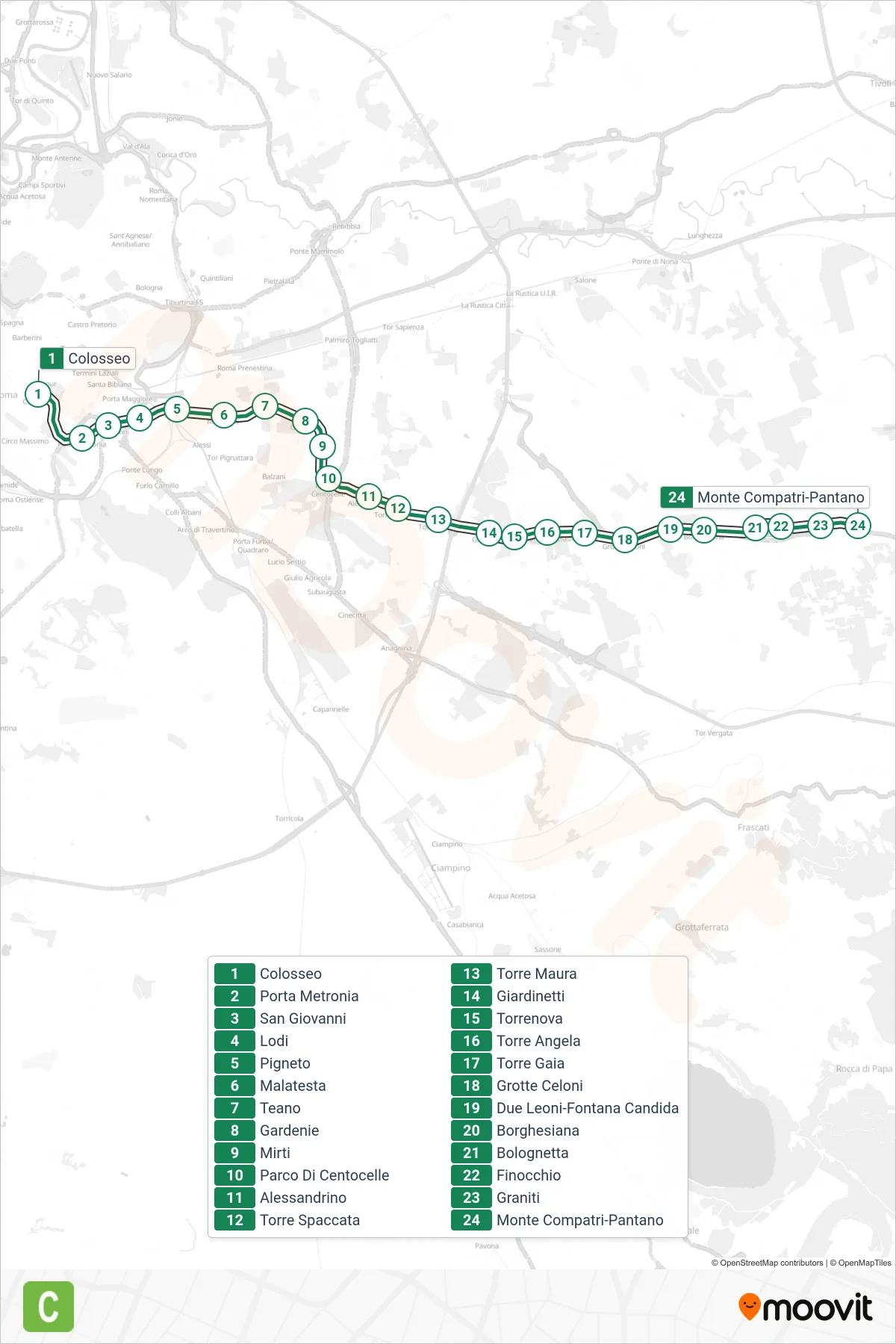 Linea C  tram (Monte Compatri-Pantano) - Percorsi e fermate sulla mappa