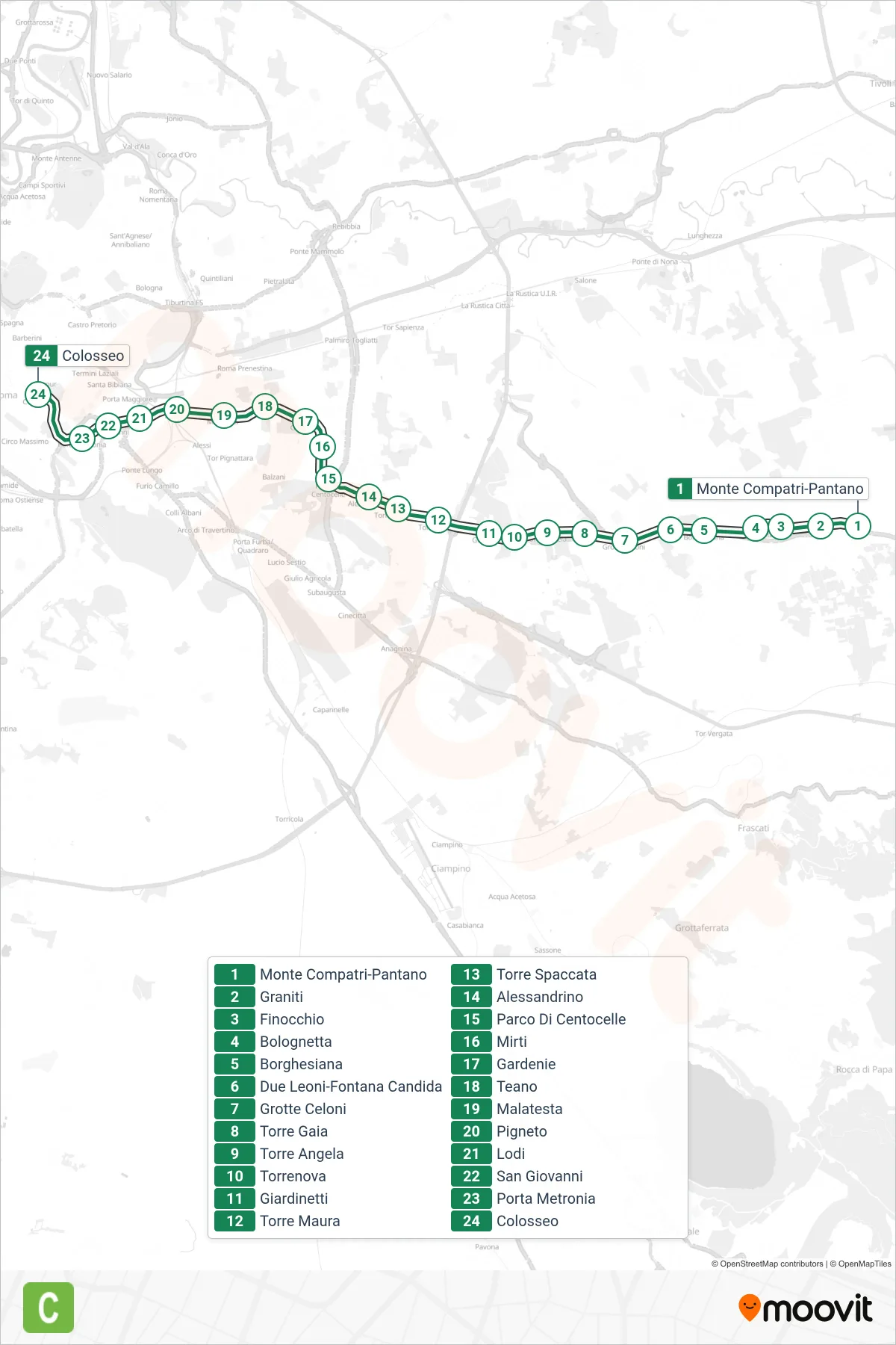 Linea C tram (Colosseo) - Percorsi e fermate sulla mappa