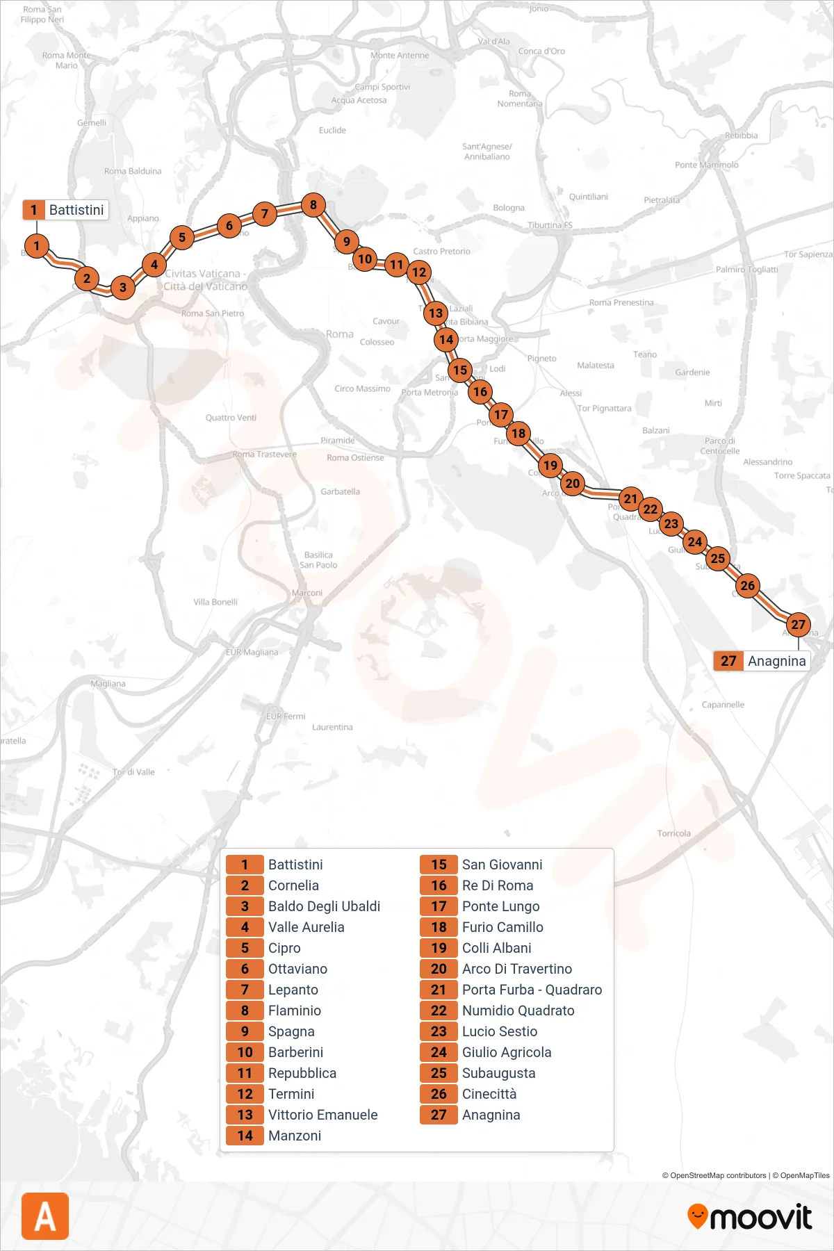 Linea A metro (Anagnina) - Percorsi e fermate sulla mappa