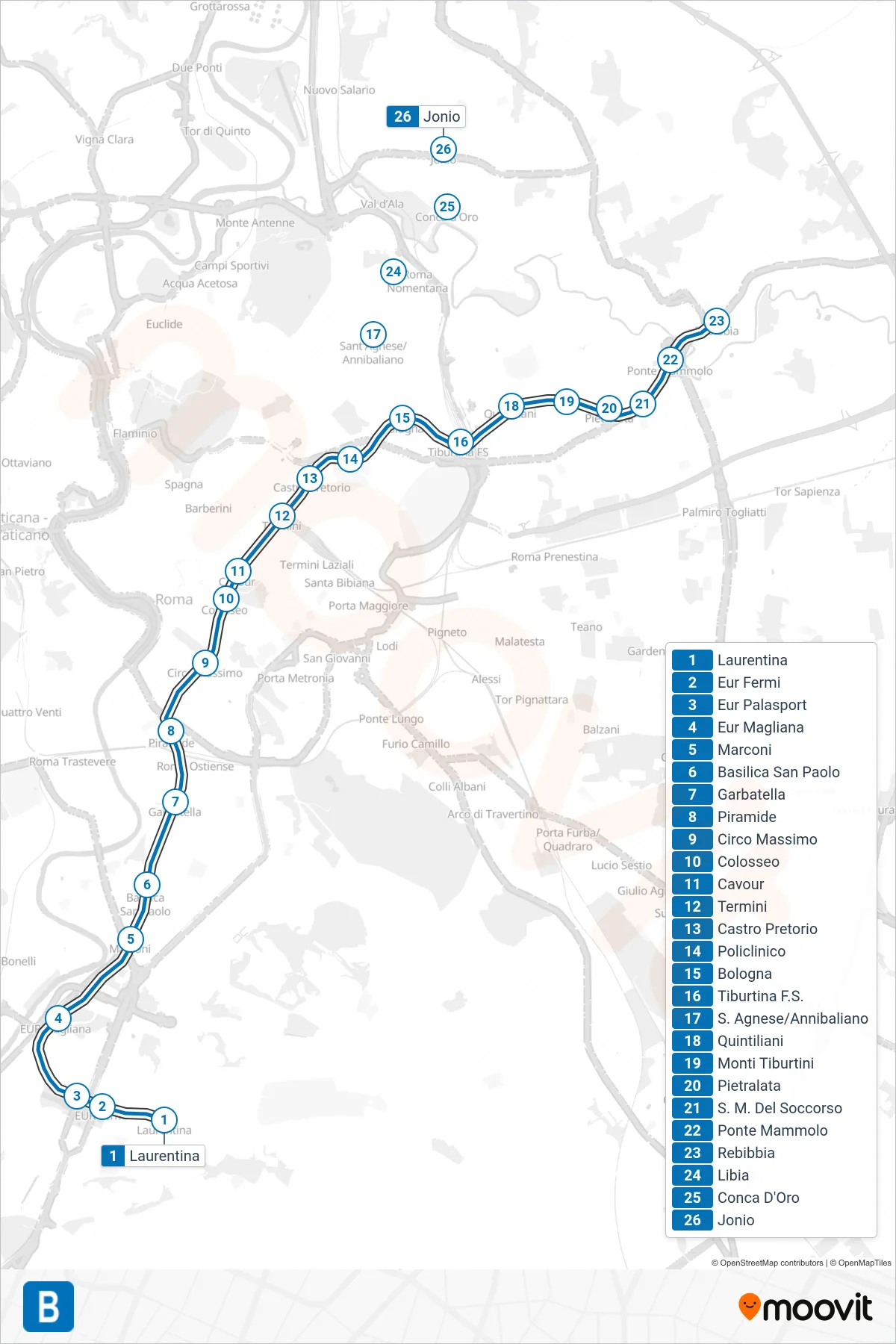 Linea B metro (Rebibbia/Jonio) - Percorsi e fermate sulla mappa