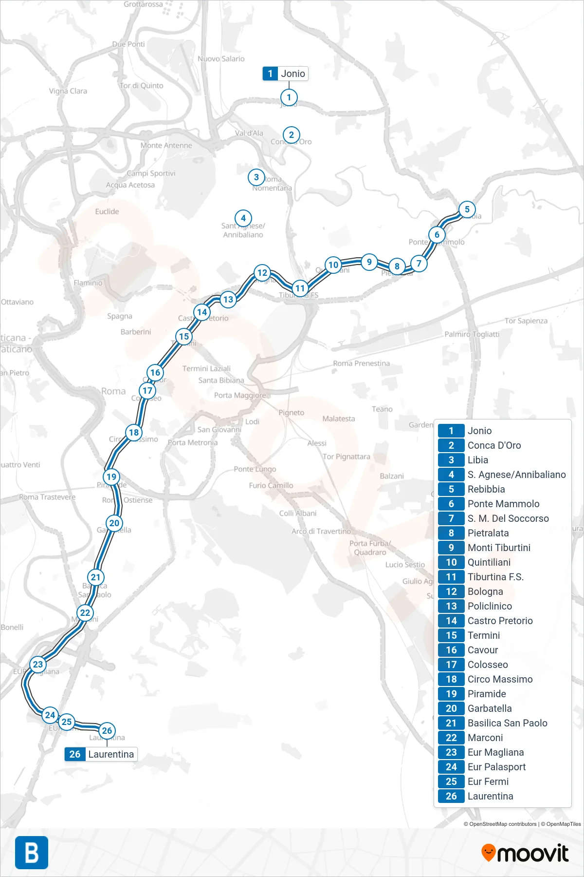 Linea B metro (Laurentina) - Percorsi e fermate sulla mappa