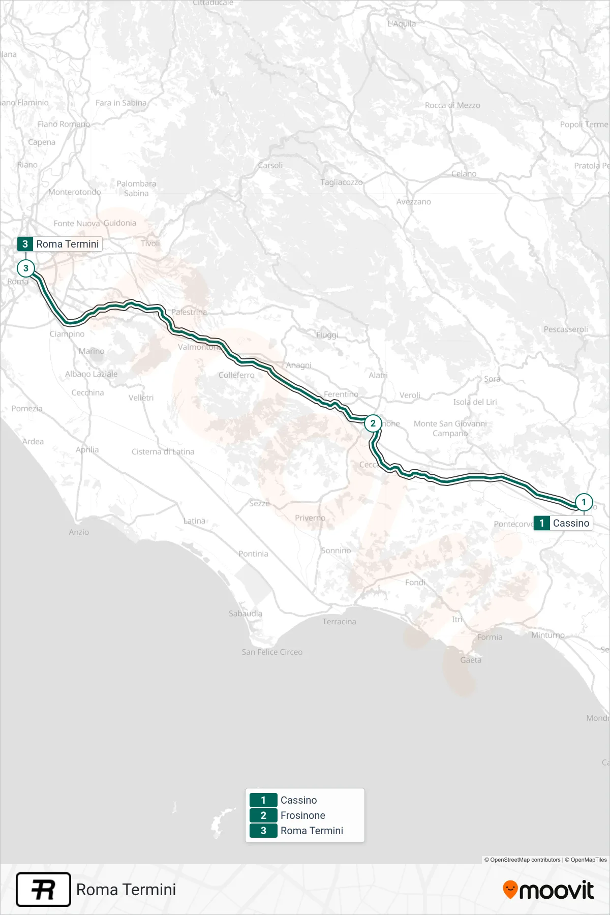Linea R treno (Roma Termini) - Percorsi e fermate sulla mappa