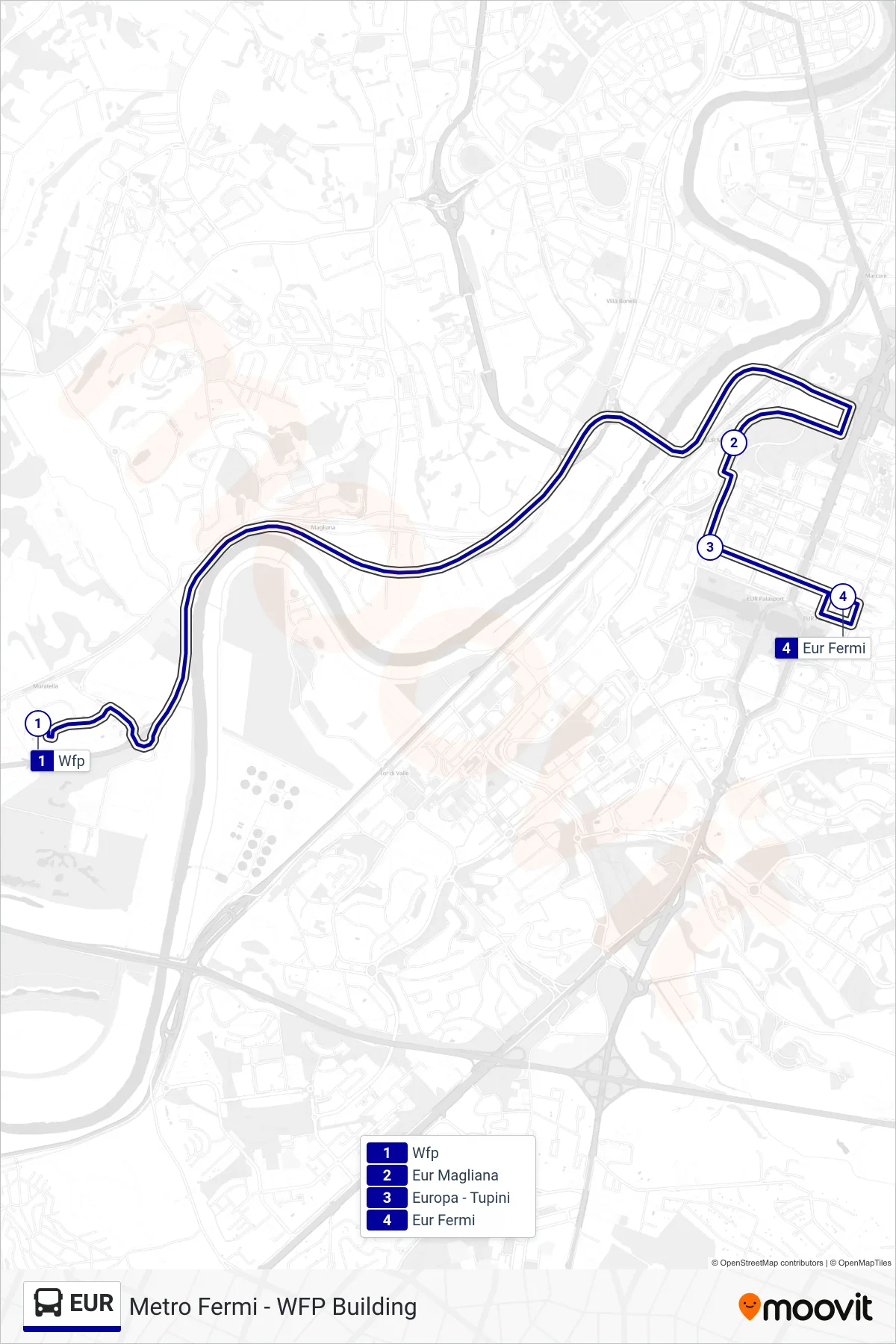 EUR bus Line (Eur) route and stops on a map