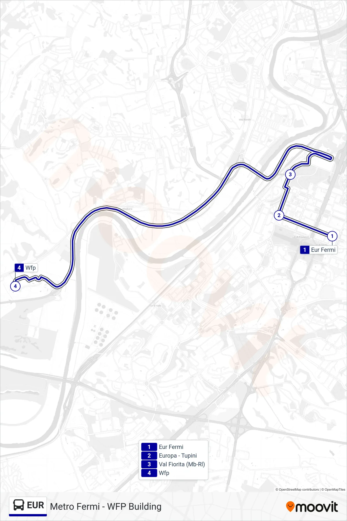 EUR bus Line (WFP) route and stops on a map