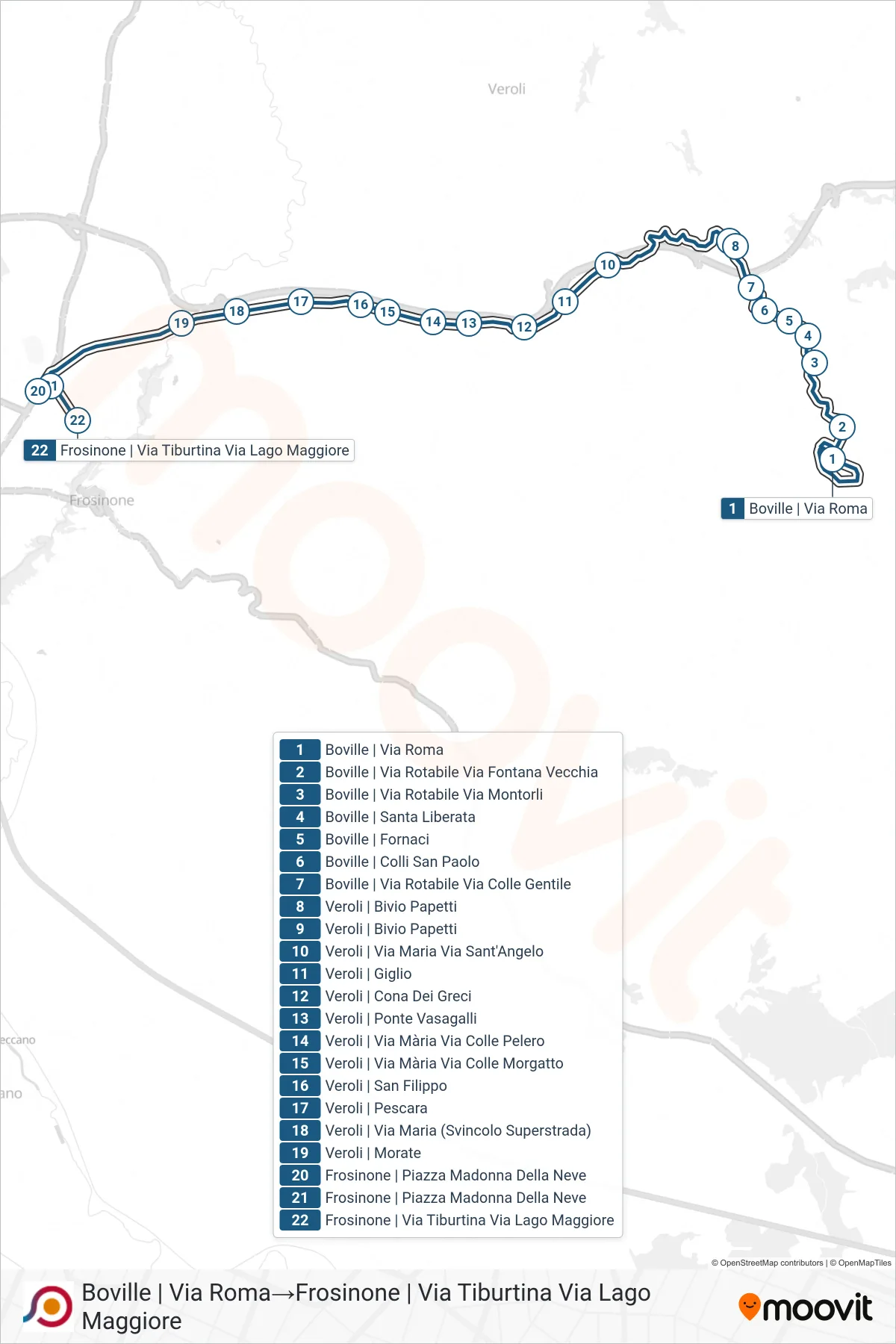 Linea COTRAL bus (Boville | Via Roma→Frosinone | Via Tiburtina Via Lago Maggiore) - Percorsi e fermate sulla mappa