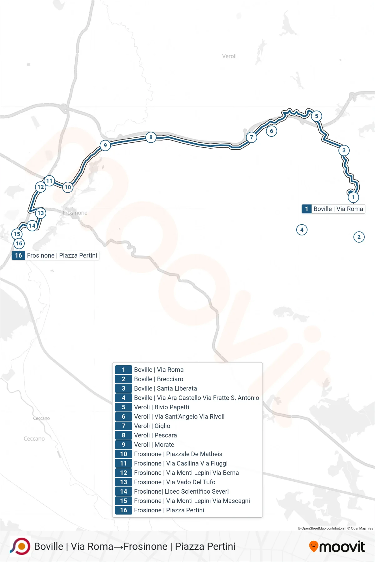 Linea COTRAL bus (Boville | Via Roma→Frosinone | Piazza Pertini) - Percorsi e fermate sulla mappa
