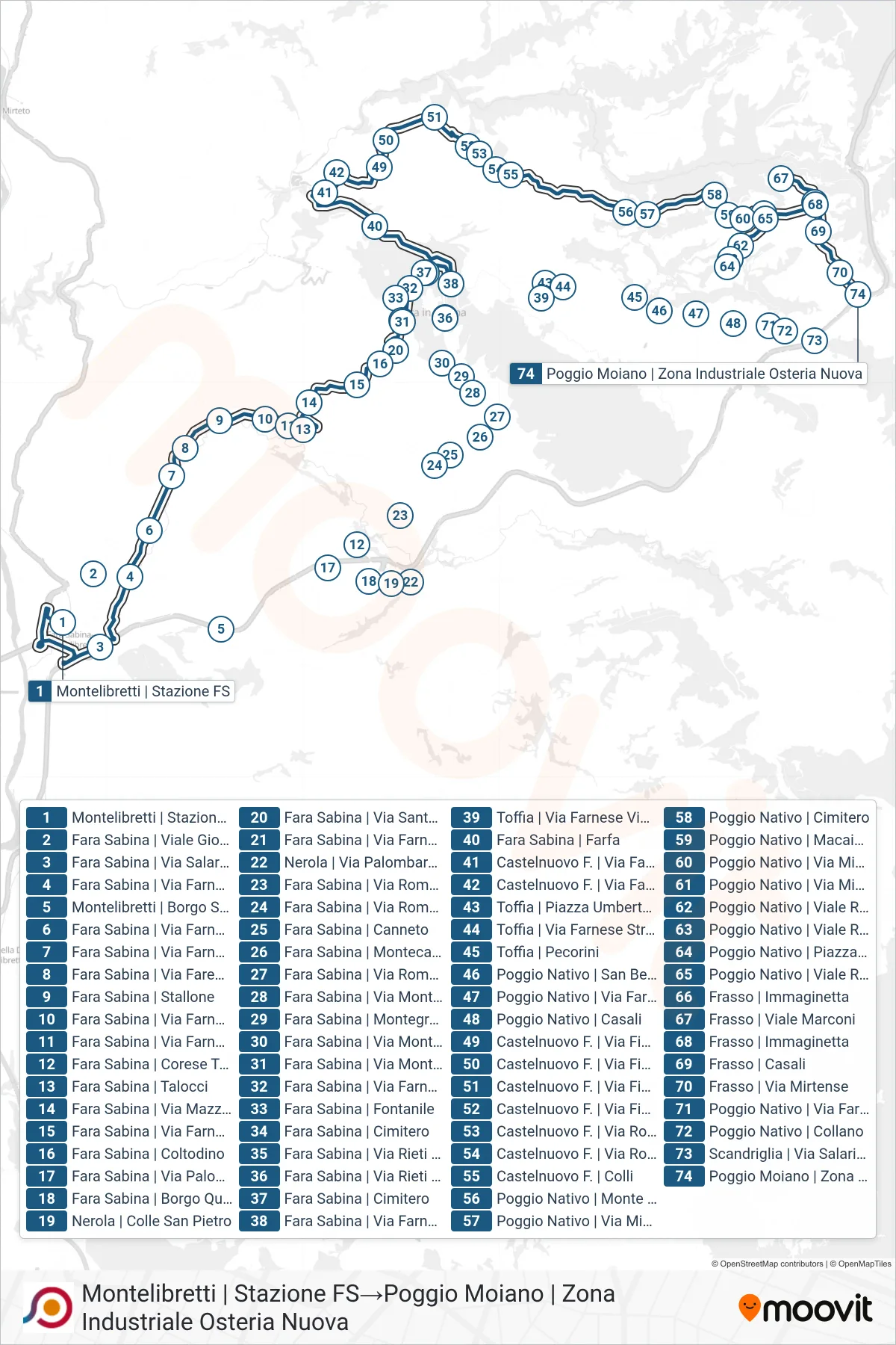 Linea COTRAL bus (Montelibretti | Stazione FS→Poggio Moiano | Zona Industriale Osteria Nuova) - Percorsi e fermate sulla mappa